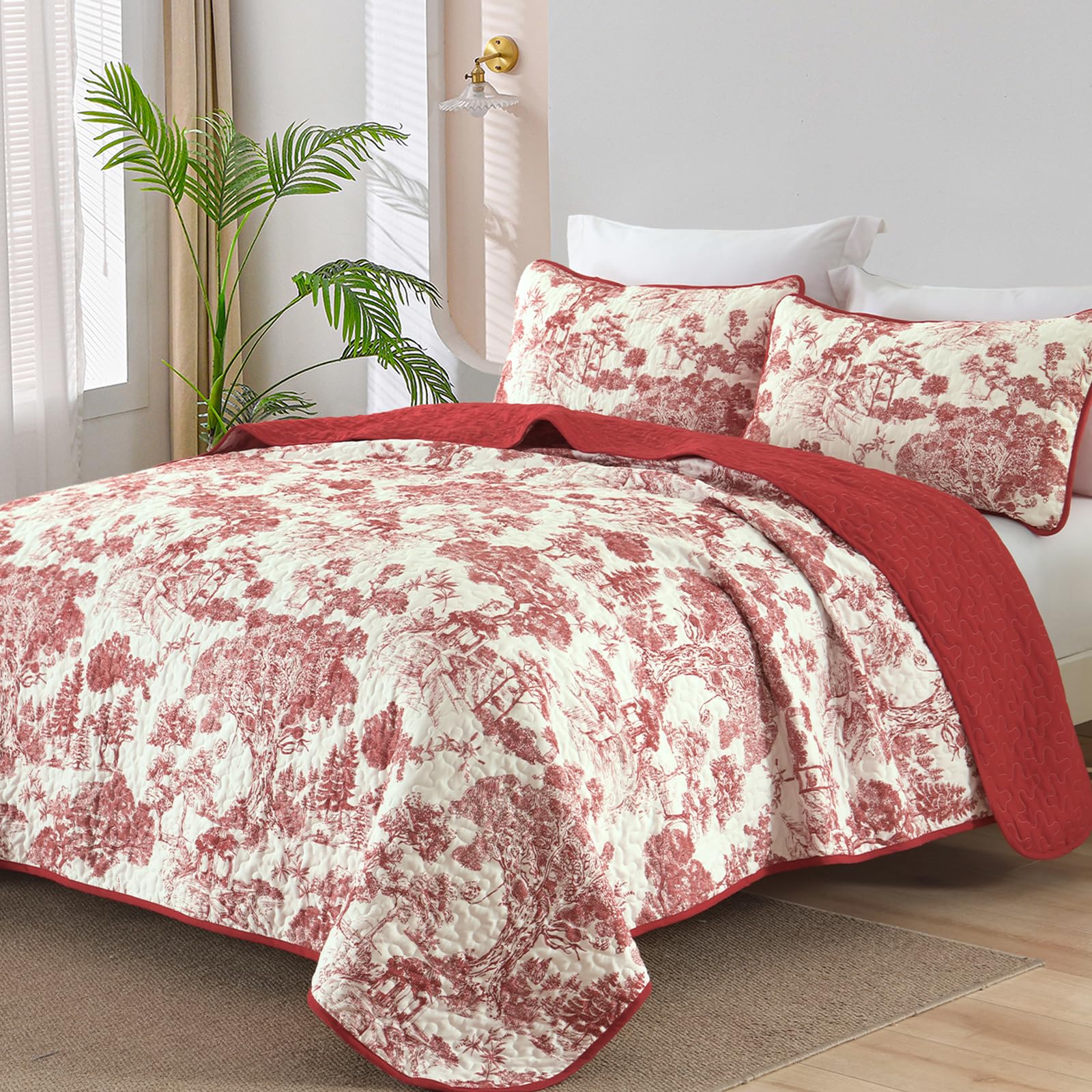 Wongs Bedding Botanical Quilt Set King Size, Red 3 Pieces Floral Plants Printed Bedspread Bedding Set Christmas Soft Lightweight