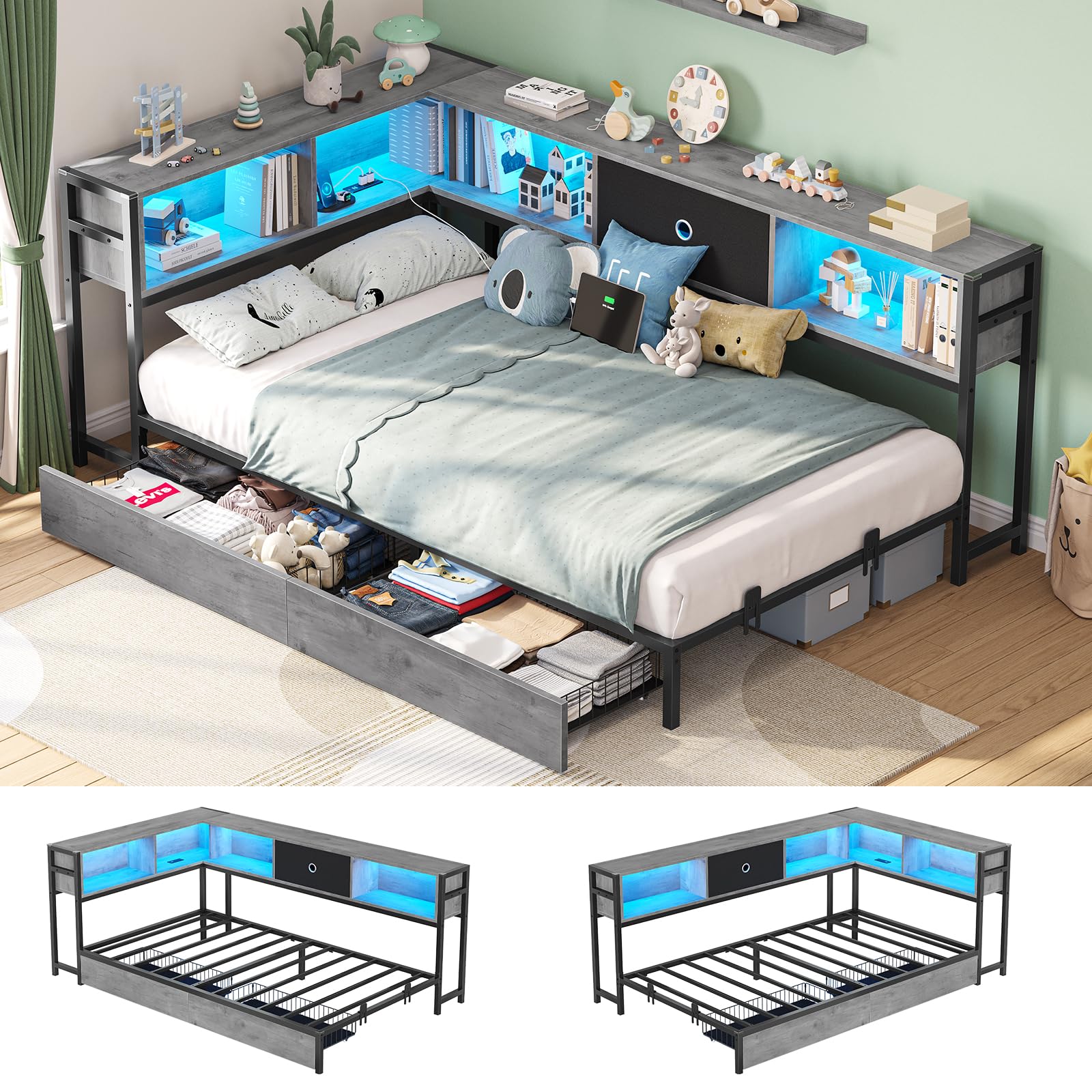 Hasuit Corner Bed Frame with Storage Bookcase, Twin XL Daybed with Storage Drawers Underneath, Kids Bed Unit with Charging Stati