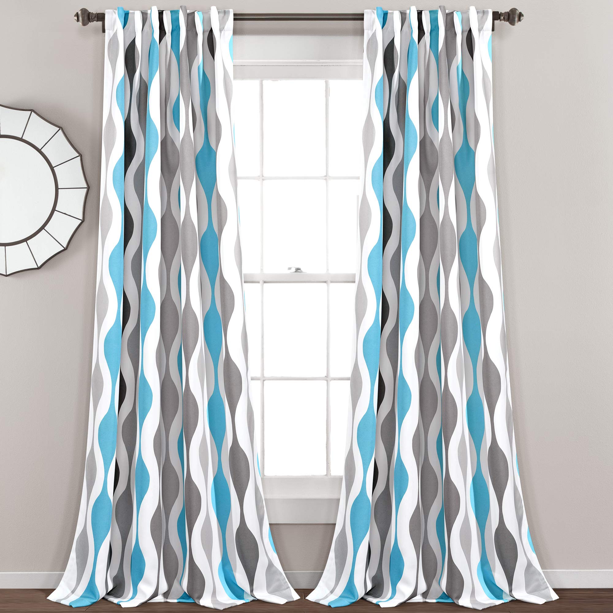 Lush Decor Mid Century Geo Light Filtering Window Curtain Panel Pair, 52 W x 84 L, Blue & Gray
