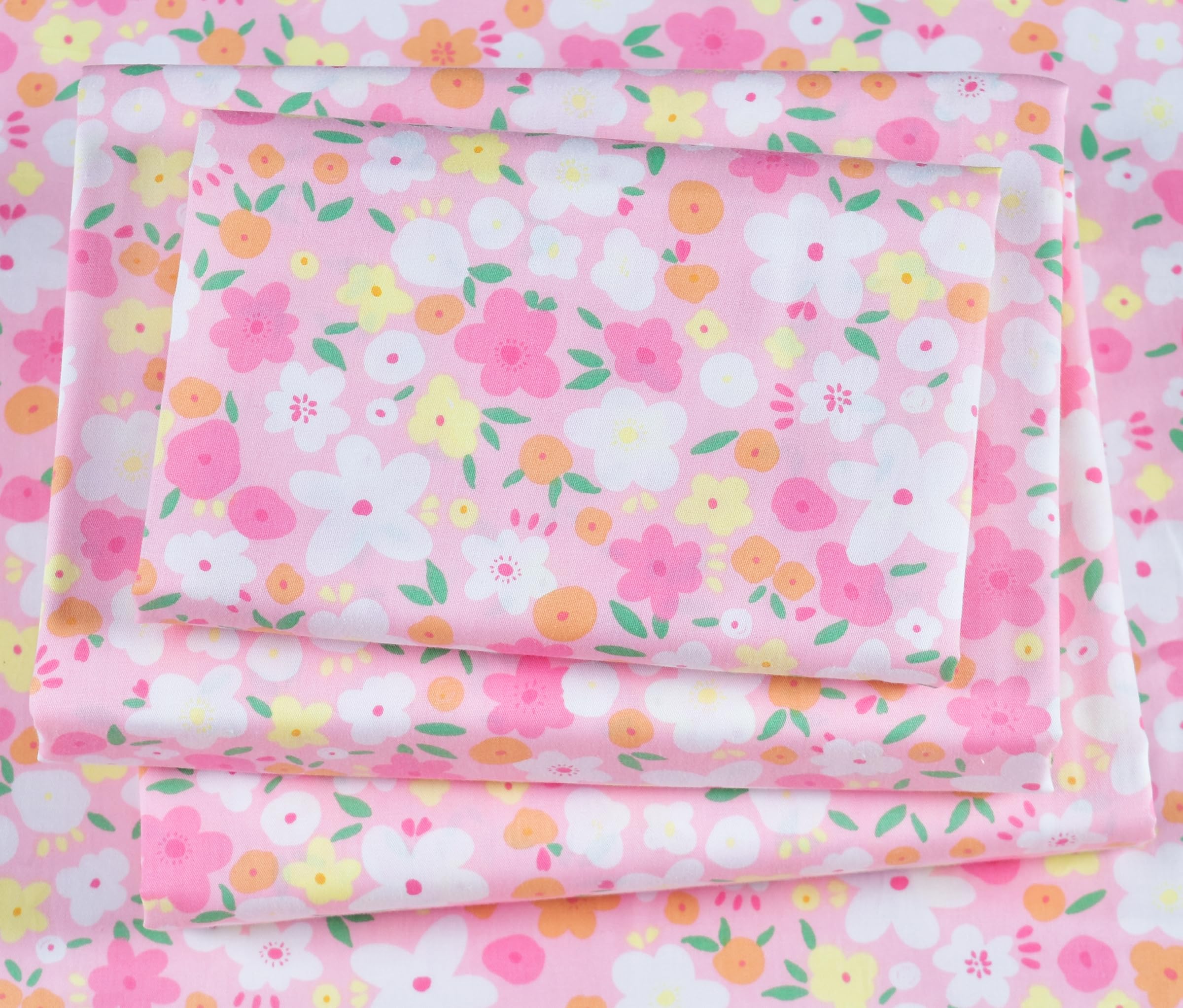 J-Pinno Pink Floral Flower Cartoon 100% Cotton Twin 3 Pieces Sheet Set Decoration Kids Boys Girls Children Flat Sheet + Fitted S