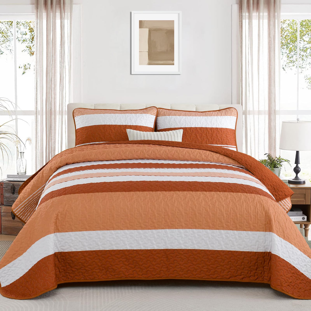 Dinjoy Burn Orange Boho Quilt Set Queen,Terracotta Striped Bedspread Queen Size Lightweight Fall Bedding Sets Farmhouse Quilts 3