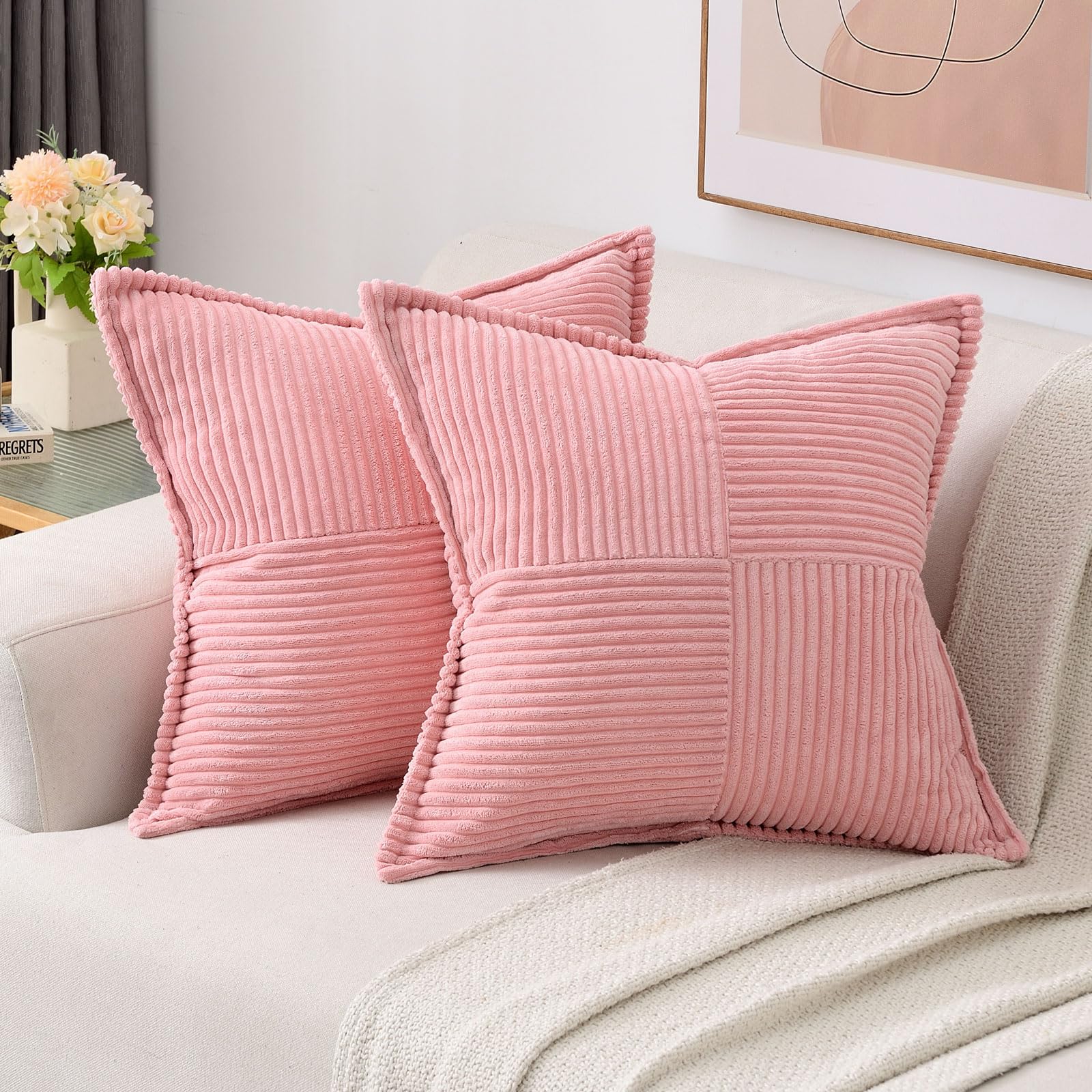Haussy Pink Small Throw Pillow Covers 12X12 Inch Set Of 2,Soft Solid Corduroy Striped/Wide Bordered,Square Decorative Cushion Ca
