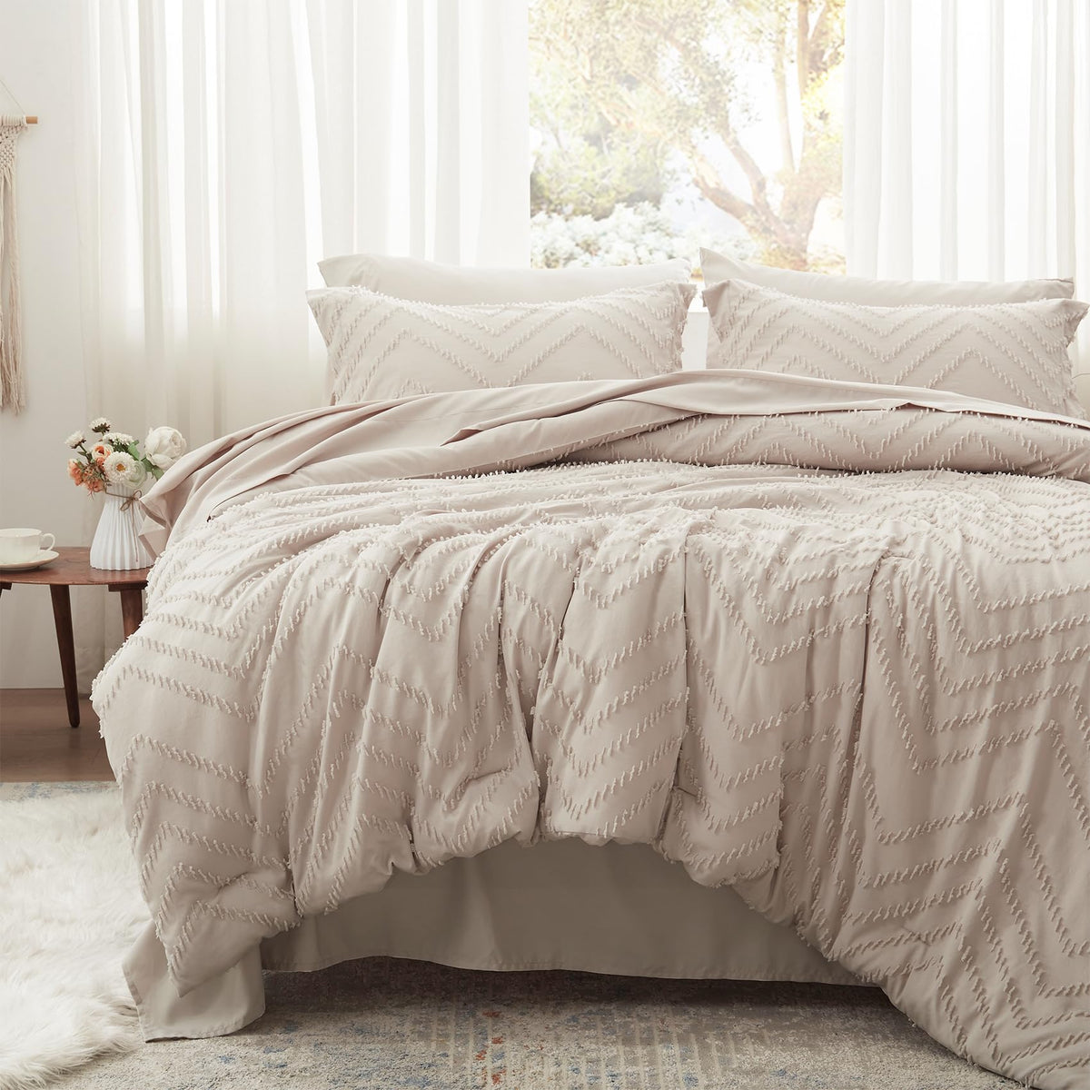 Anluoer Queen Comforter Set, Khaki Tufted Bed In A Bag 7 Pieces With Comforters And Sheets, All Season Bedding Sets With 1 Comfo