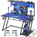 Gaming Computer Desk with Shelves and Outlets, Gaming Desk with Hutch and LED Lights, Reversible PC Gaming Desk with Pegboard, C