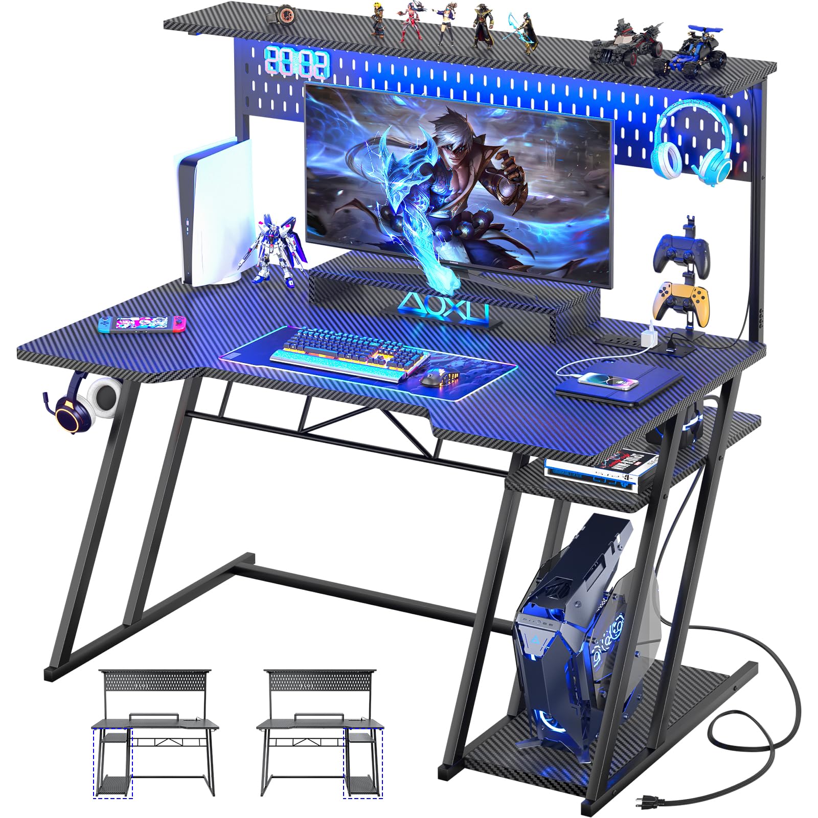 Gaming Computer Desk with Shelves and Outlets, Gaming Desk with Hutch and LED Lights, Reversible PC Gaming Desk with Pegboard, C