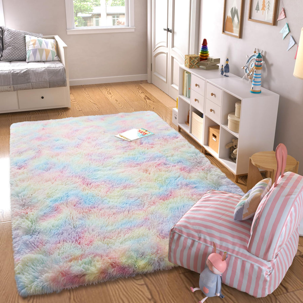 Kchowua Unicorn Fluffy Fuzzy Rugs For Girls Bedroom,3X5 Machine Washable Non Slip Pastel Shag Shaggy Cute Rug For Living Room, P