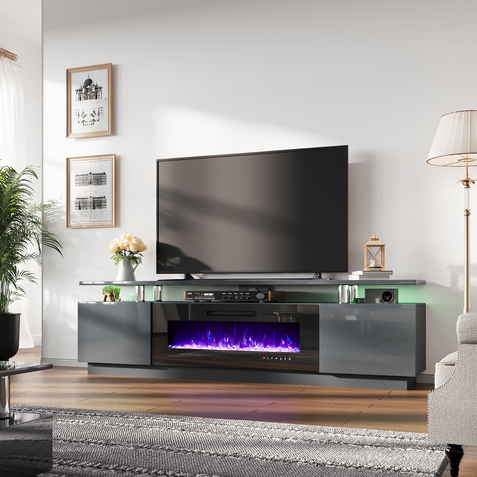 Amerlife Fireplace Tv Stand With 40' Fireplace, 80' Modern High Gloss Fireplace Entertainment Center Led Lights, 2 Tier Tv Console Cabinet For Tvs Up To 90', Grey