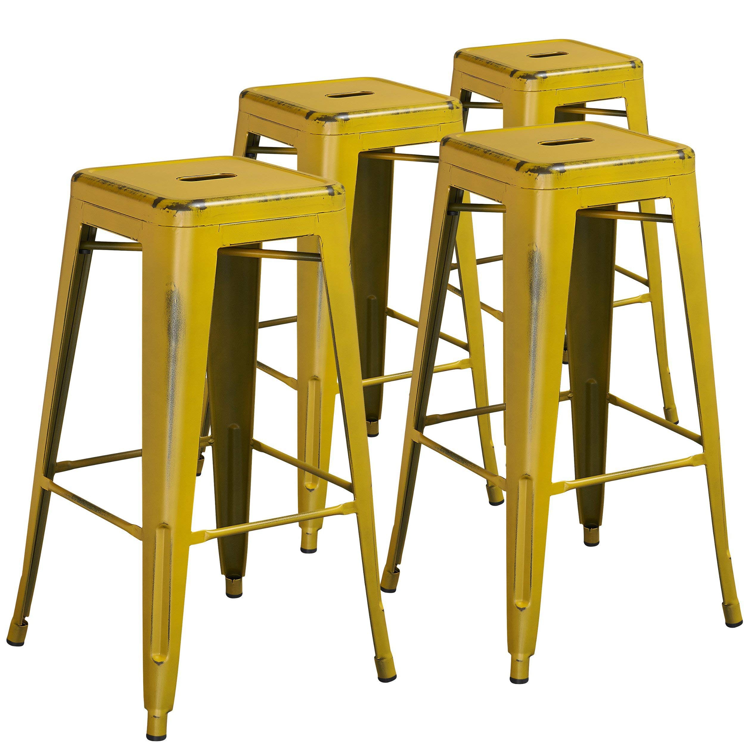 Flash Furniture Kai Commercial Grade 4 Pack 30 High Backless Distressed Kelly Blue-Teal Metal Indoor-Outdoor Barstool
