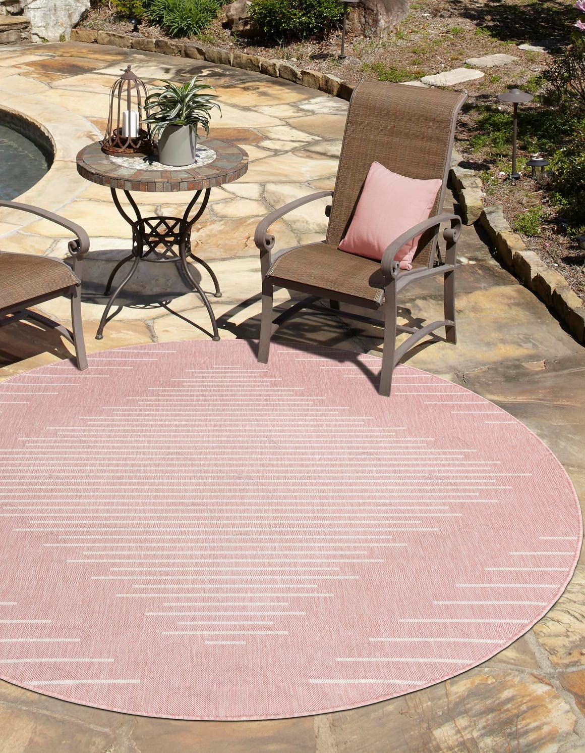 Unique Loom Outdoor Modern Collection Area Rug - Tambor (4' 1' Round, Pink/ Ivory)