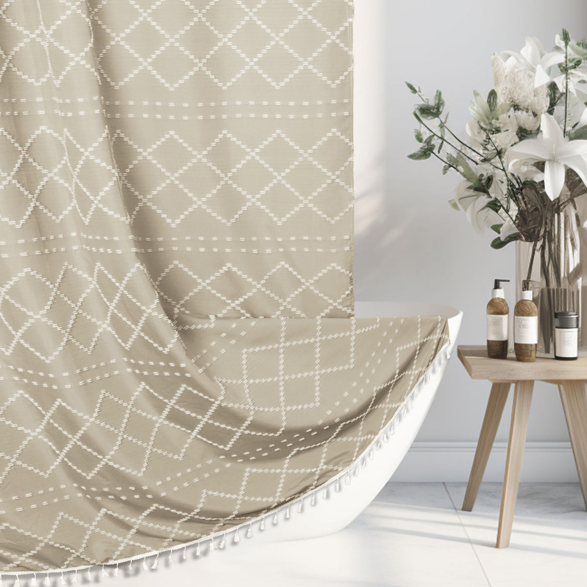 Siiluminisoy Beige Boho Shower Curtain Woven Fabric Cute Shower Curtain, 72 X 72 Tufted Chevron Textured Striped Modern Farmhous