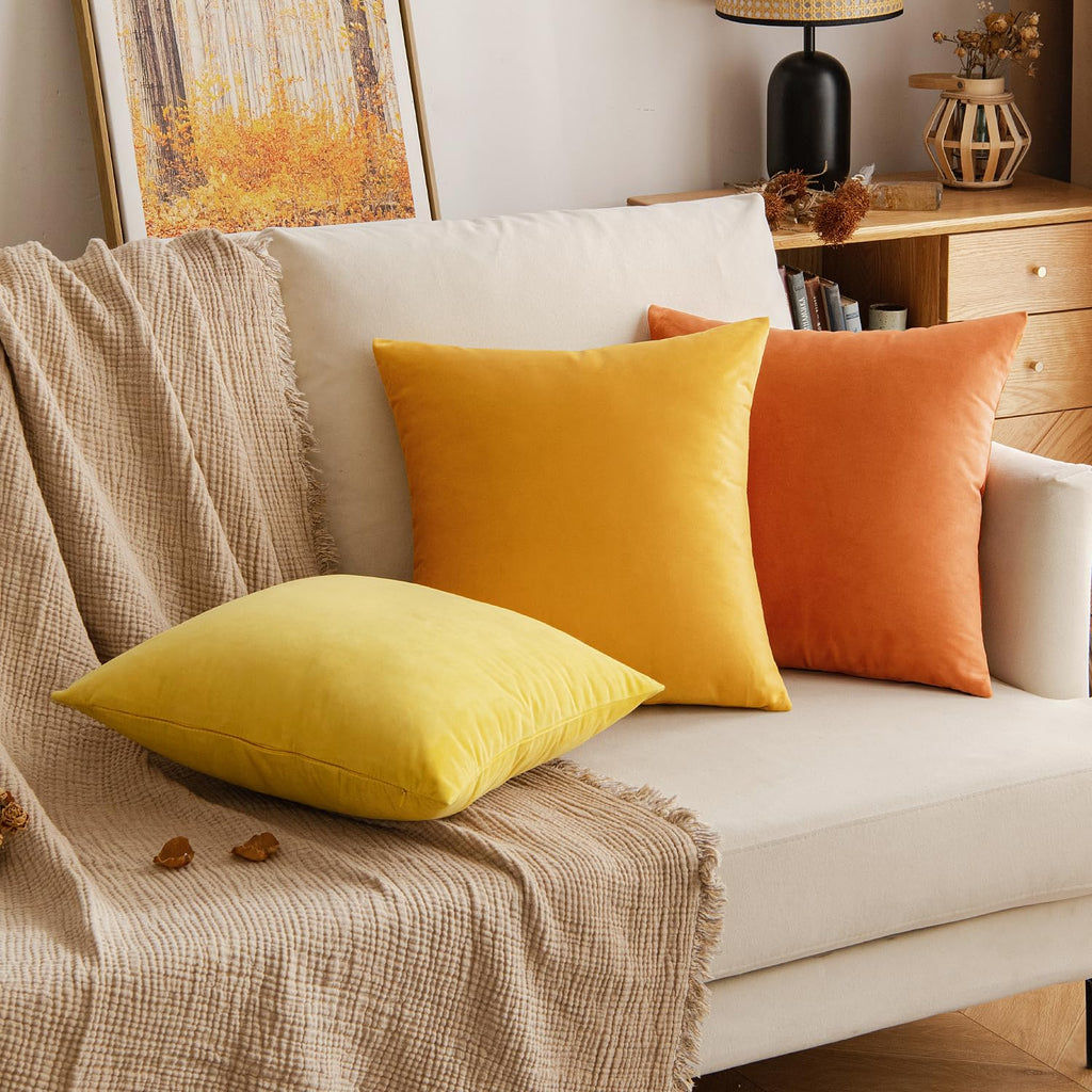 Emema Fall Orange Velvet Throw Pillow Covers 18X18 Inch Set Of 2 Decorative Square Pillowcase Soft Solid Cushion Case For Couch