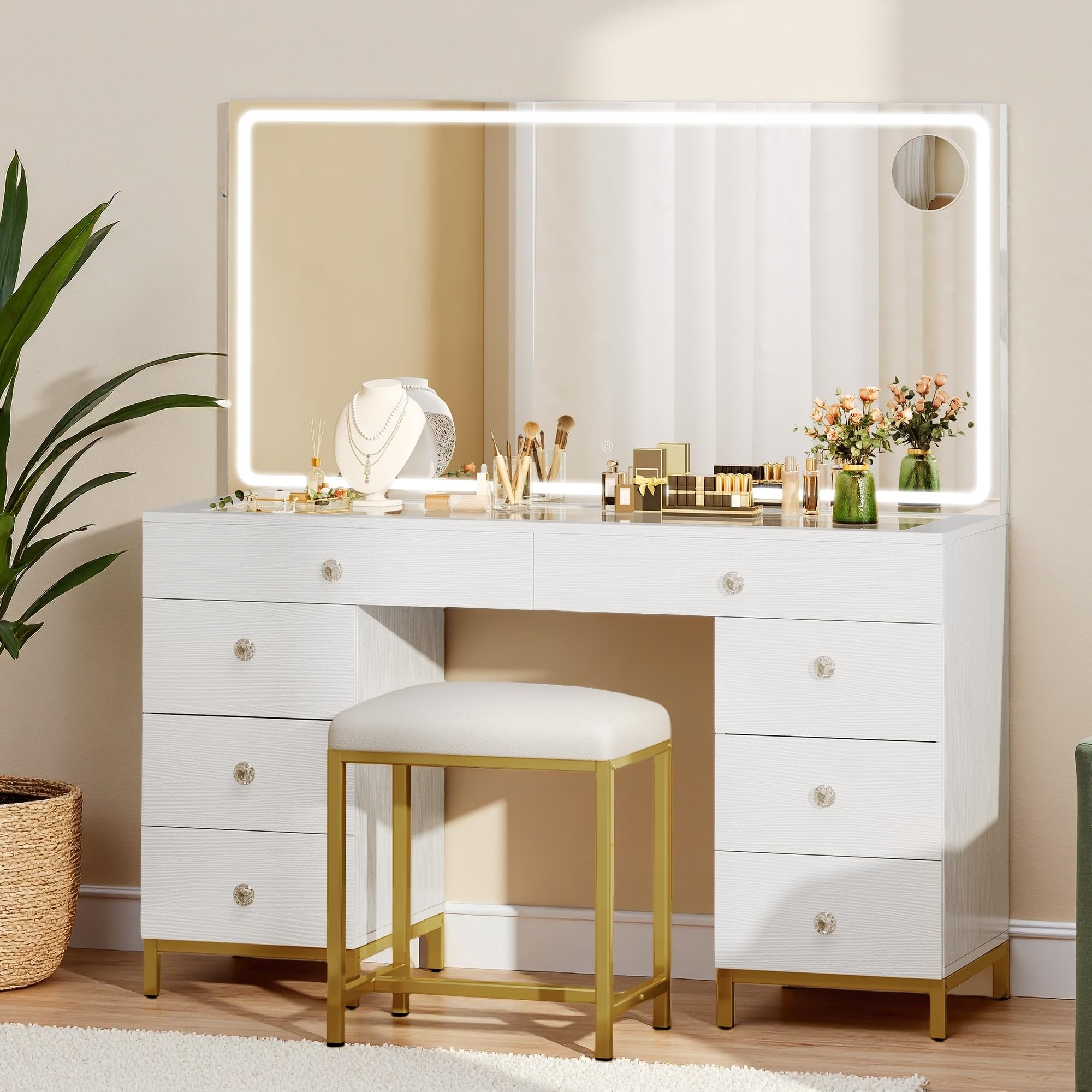 DWVO White Vanity Desk with Mirror: Makeup Table with Power Outlets & 8 Drawers 3-Mode LED Mirror, Storage Stool for Dressing Ro