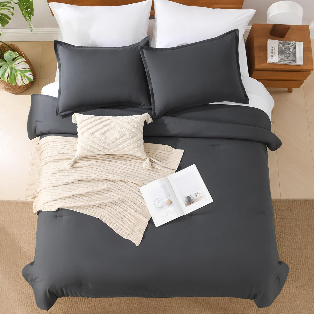 Andency Dark Grey California King Comforter Set - 7 Pieces Gray Cal King Bedding Comforter Sets, Summer Plain Soft Lightweight Comforter With Fitted Sheets, Flat Sheets, Pillowcases & Shams