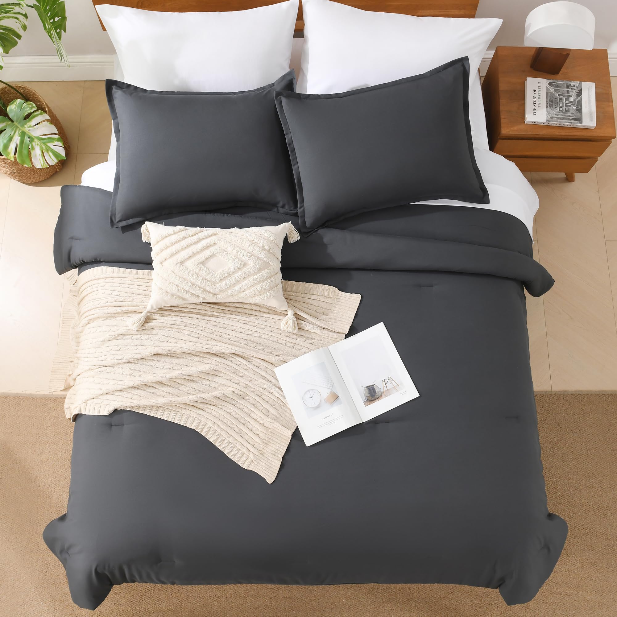 Andency Dark Grey California King Comforter Set - 7 Pieces Gray Cal King Bedding Comforter Sets, Summer Plain Soft Lightweight Comforter With Fitted Sheets, Flat Sheets, Pillowcases & Shams