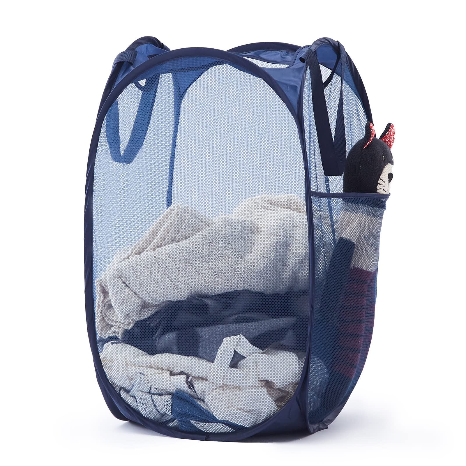 Collapsible Mesh Pop Up Laundry Hamper with Sturdy Handles and Side Pocket - Portable Foldable Clothes Baskets for Dorm, Laundry