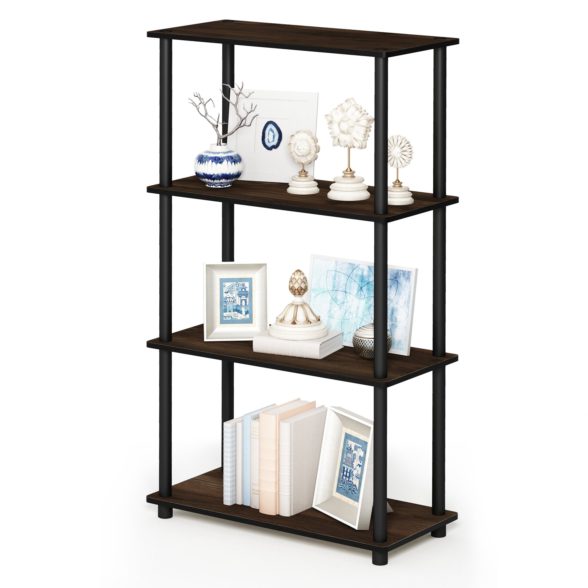 Furinno Turn-N-Tube 4-Tier Multipurpose Shelf Display Rack, Round Tubes, Columbia Walnut/Black