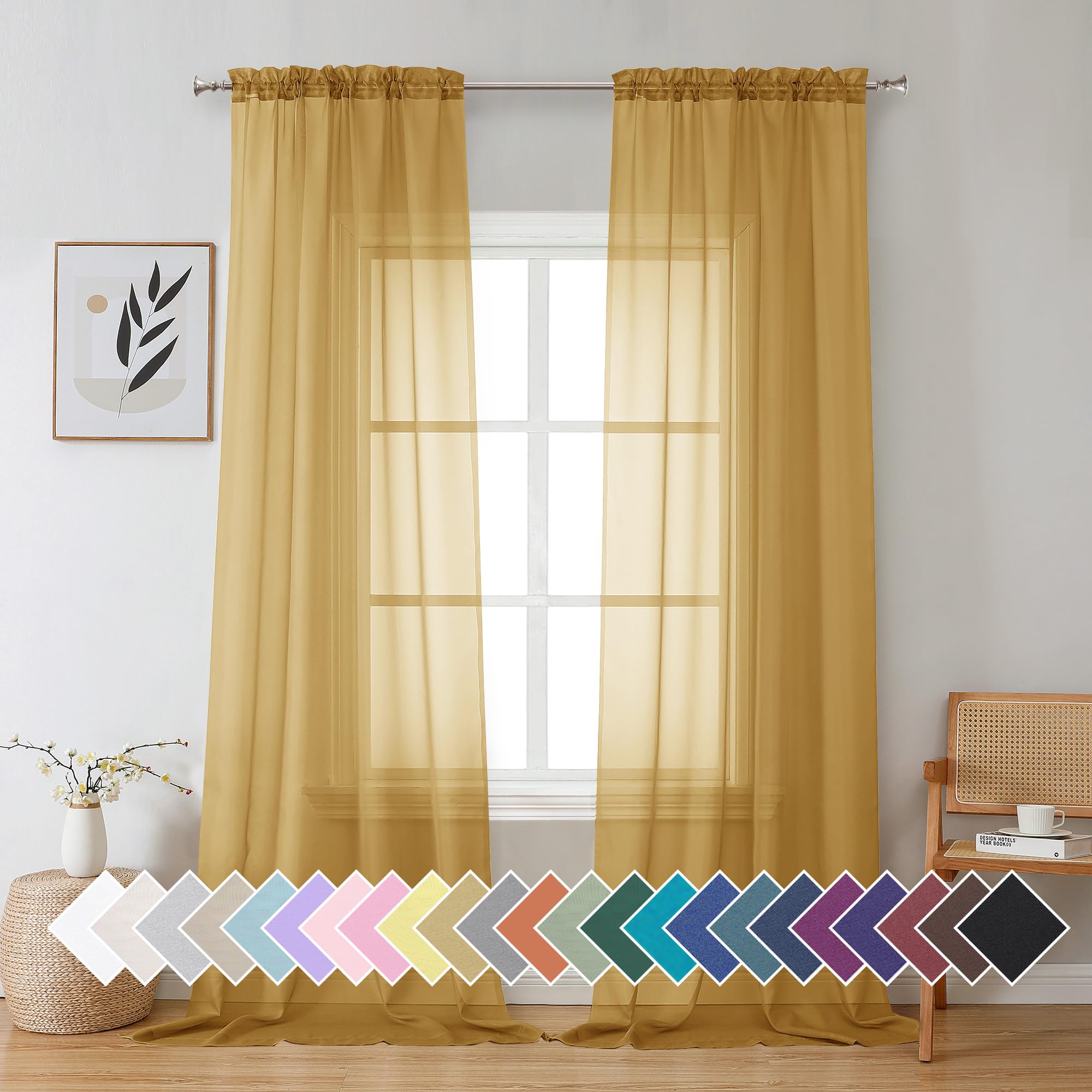 Aiyufeng Gold Sheer Curtain 96 Inches Long 2 Panels Set, Light Filtering Gold Window Curtain Drapes Treatment for Kitchen, Bedro