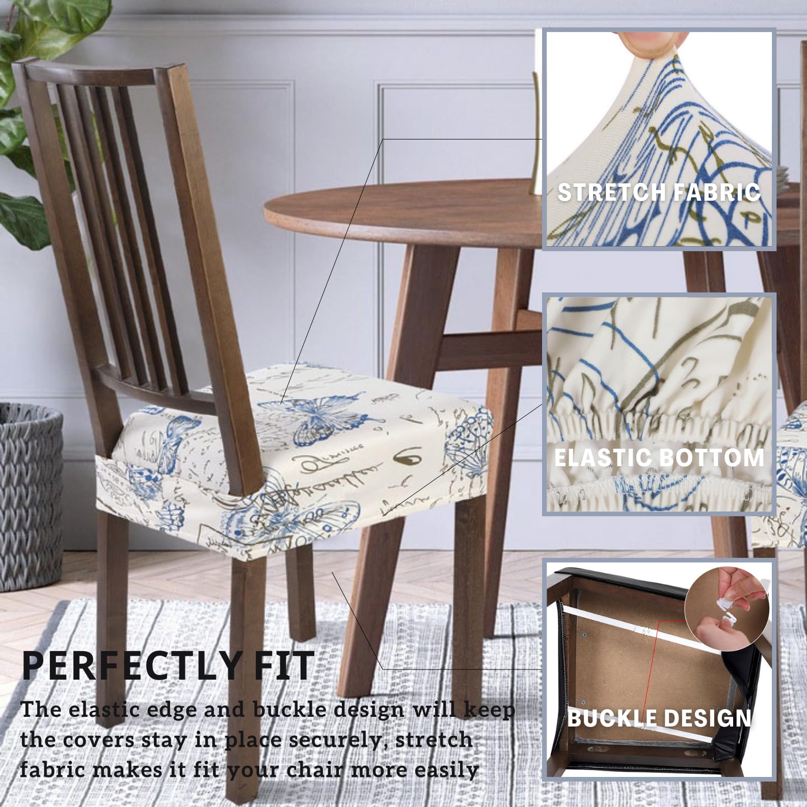 Searchi Stretch Dining Chair Seat Covers Set Of 6, Soft Removable Washable Seat Covers For Dining Chairs, Dining Room Seat Cover Protector (Rear-Covered, Butterfly)