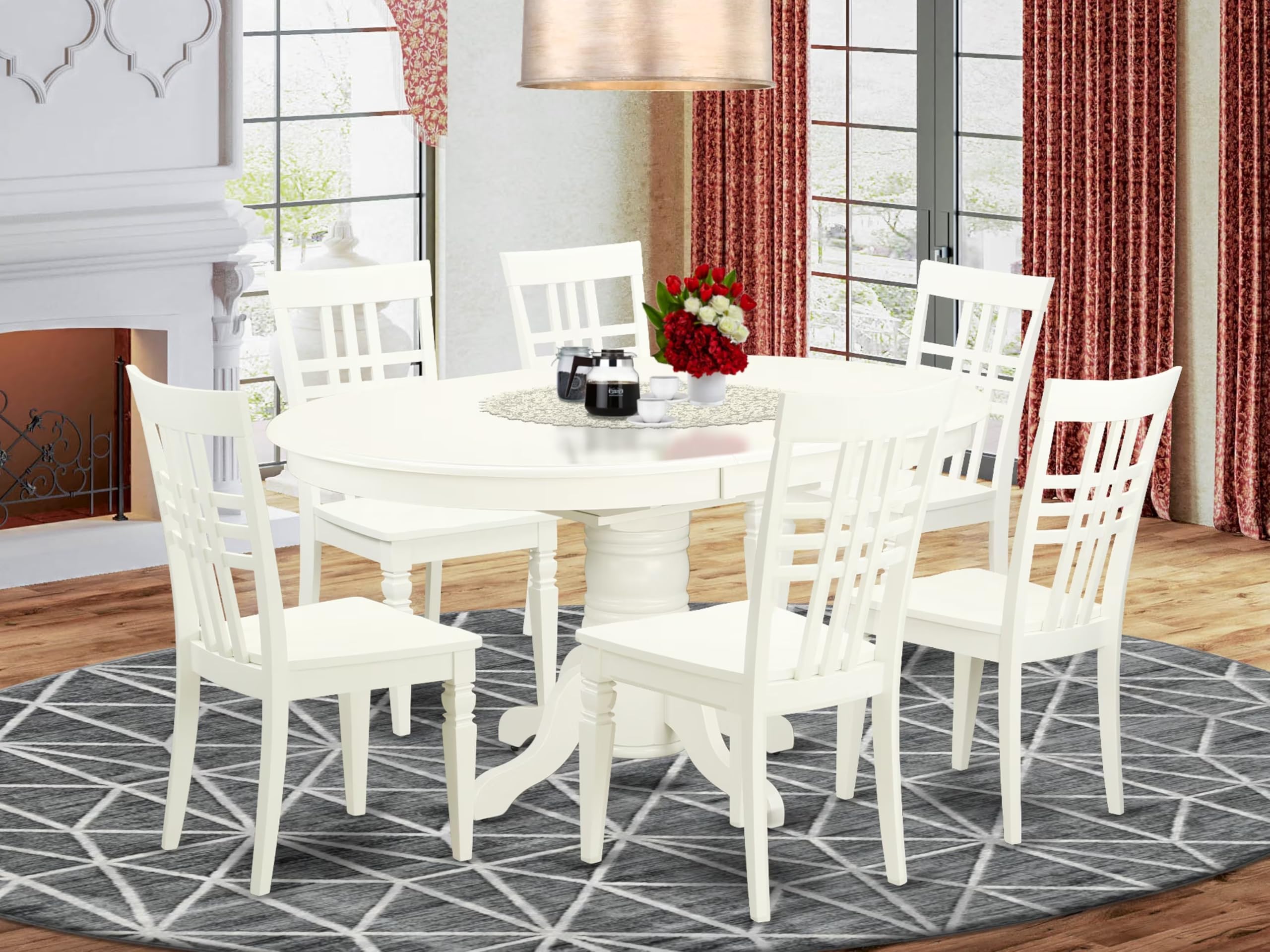 East West Furniture AVLG7-LWH-W 7 Piece Dining Table Set Consist of an Oval Dining Room Table with Butterfly Leaf and 6 Wood Seat Chairs, 42x60 Inch, Linen White