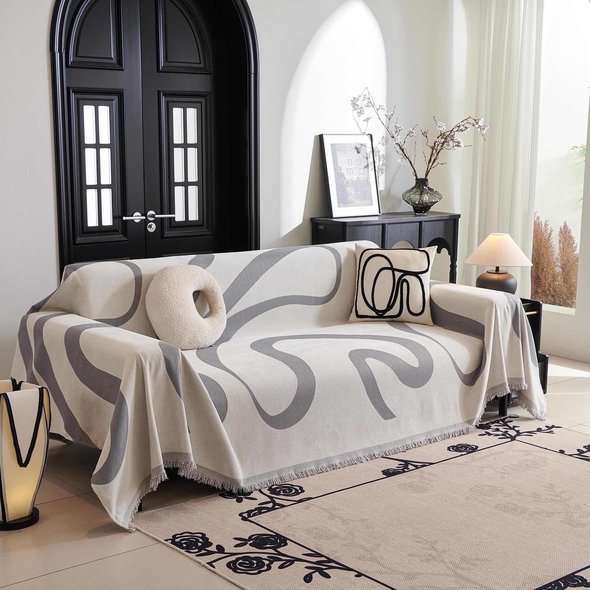 Mysky Home Boho Couch Cover Super Soft Couch Covers For 2-3 Cushion Couch Sofa, Modern Grey Jacquard Sofa Slipcover Loveseat Futon Cover, Couch Covers For Sectional Sofa, 71' X 102', Grey Curve