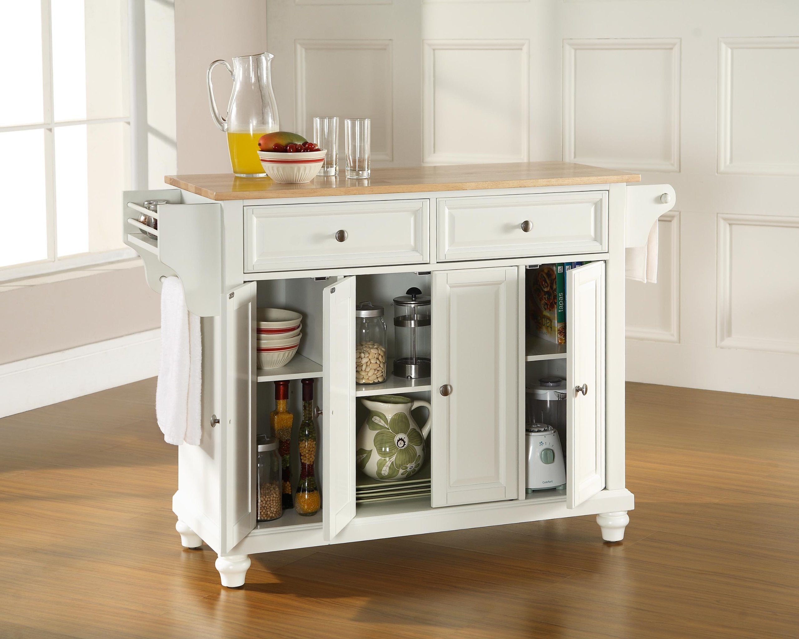 Crosley Furniture Cambridge Wood Top Rolling Kitchen Island Storage Cart, Microwave Stand, Spice Rack, White