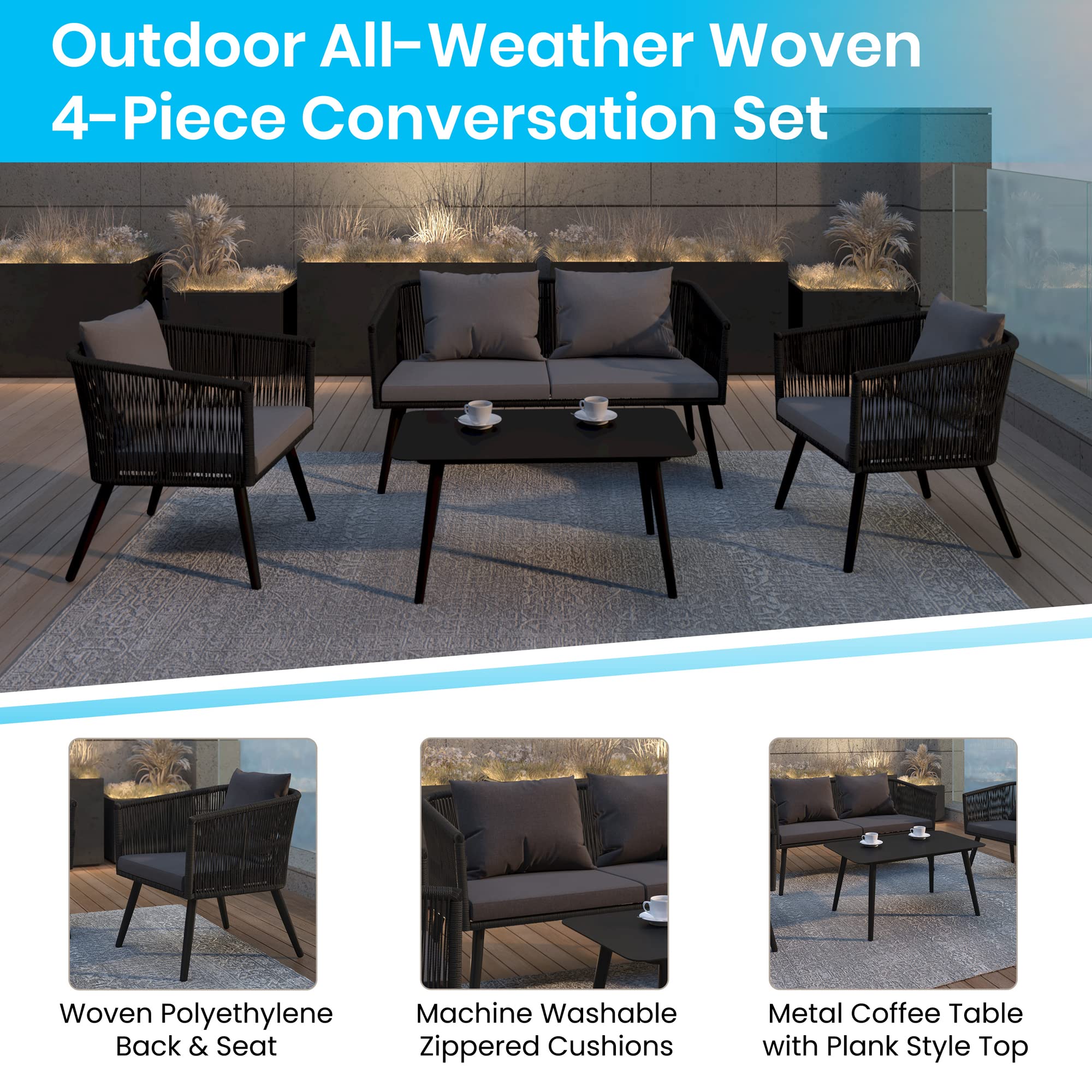 Flash Furniture Kierra 4 Piece Seating Set Aluminum Frame Wicker Black Polyester Gray