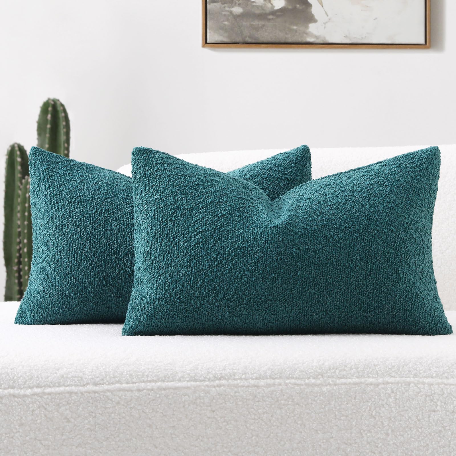 Futei Pack Of 2 Teal Green Boucle Accent Decorative Throw Pillow Covers,12X20 Inch Soft Solid Textured Lumbar Pillow Cases,Home