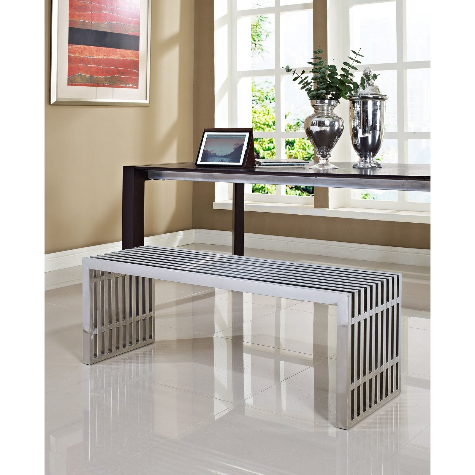 Gridiron Silver Large Stainless Steel Bench by Modway