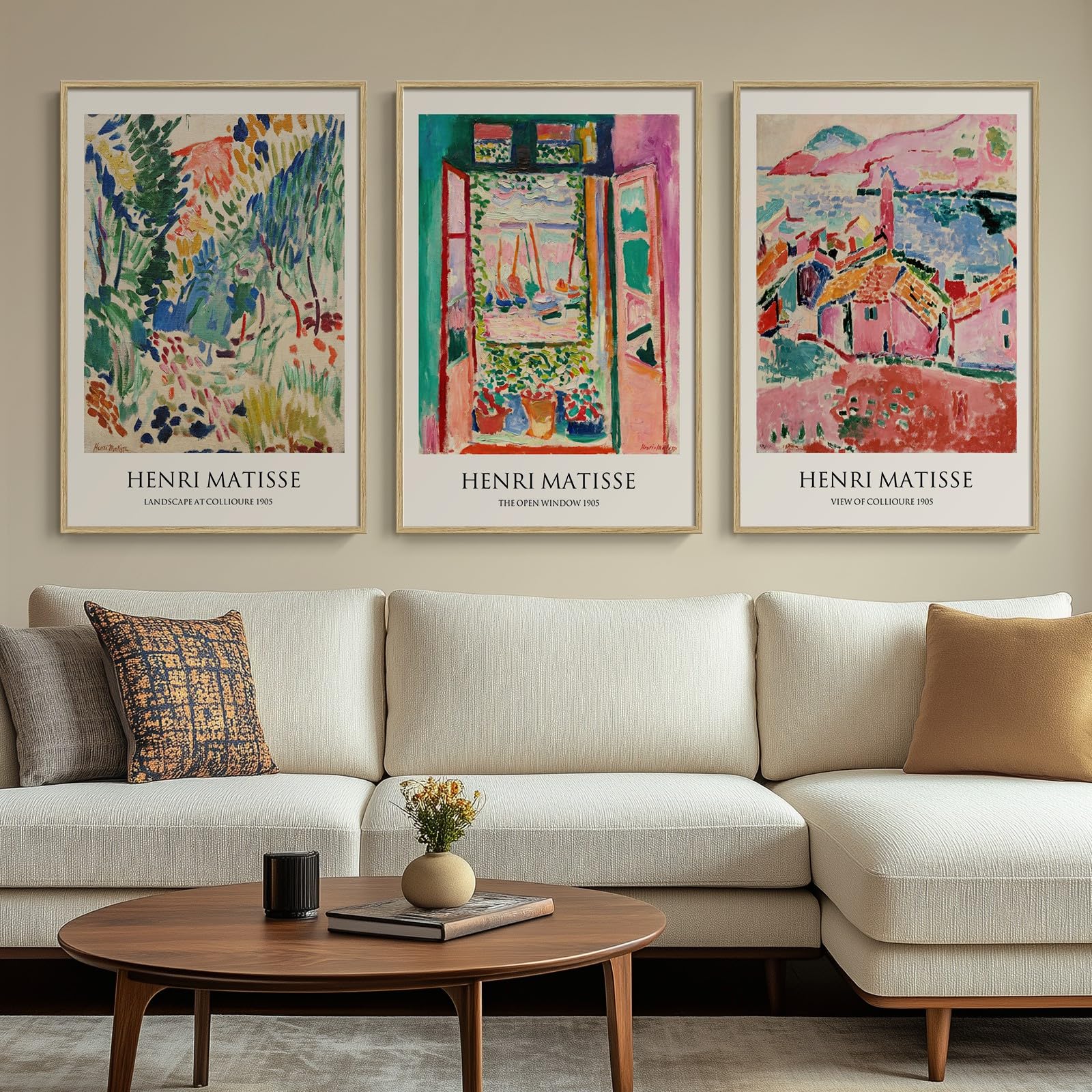 Large Framed Matisse Wall Art for Living room, 3 Piece Henri Matisse Colorful Abstract Canvas Artwork for Walls, Retro Vintage B