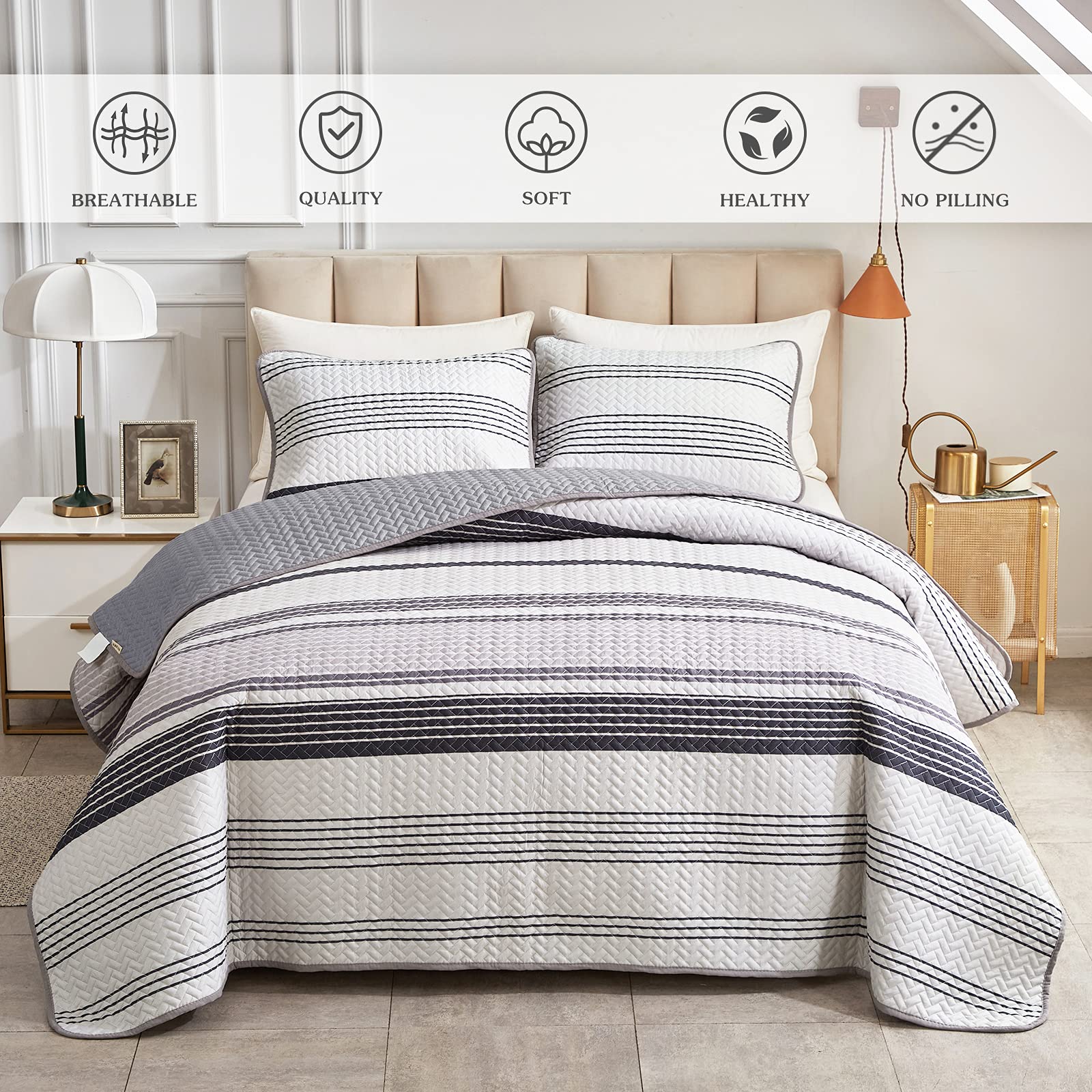 Flysheep Grey Boho Quilt Set Full Queen Size, 3 Pcs Gray Black And Navy Striped Bedspread, Soft Microfiber Modern Coverlet For A