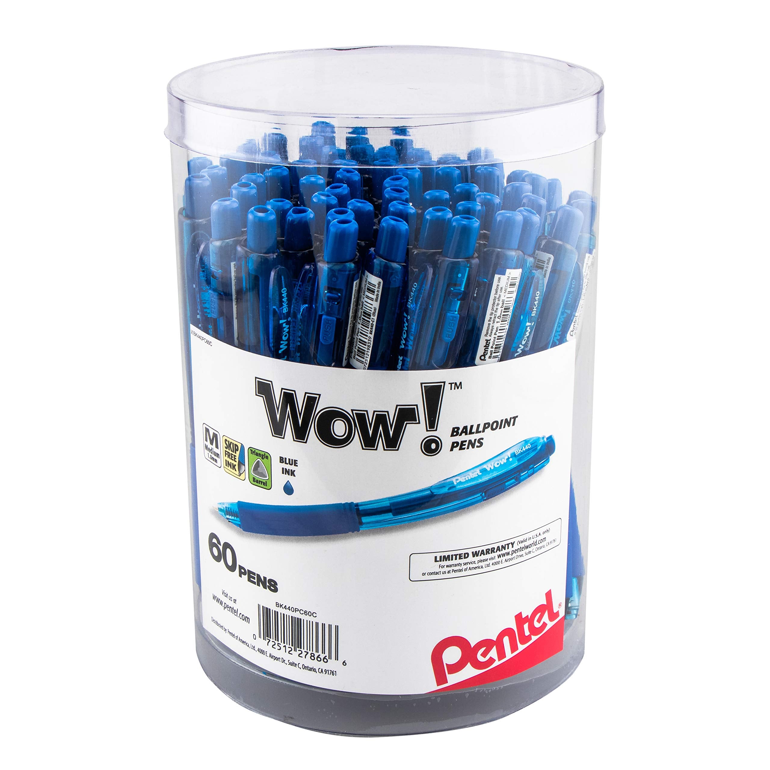 Pentel Wow! Ballpoint Pen, (1.0Mm) Medium Line, Blue Ink, Pack Of 60, Canister (Bk440Pc60C)