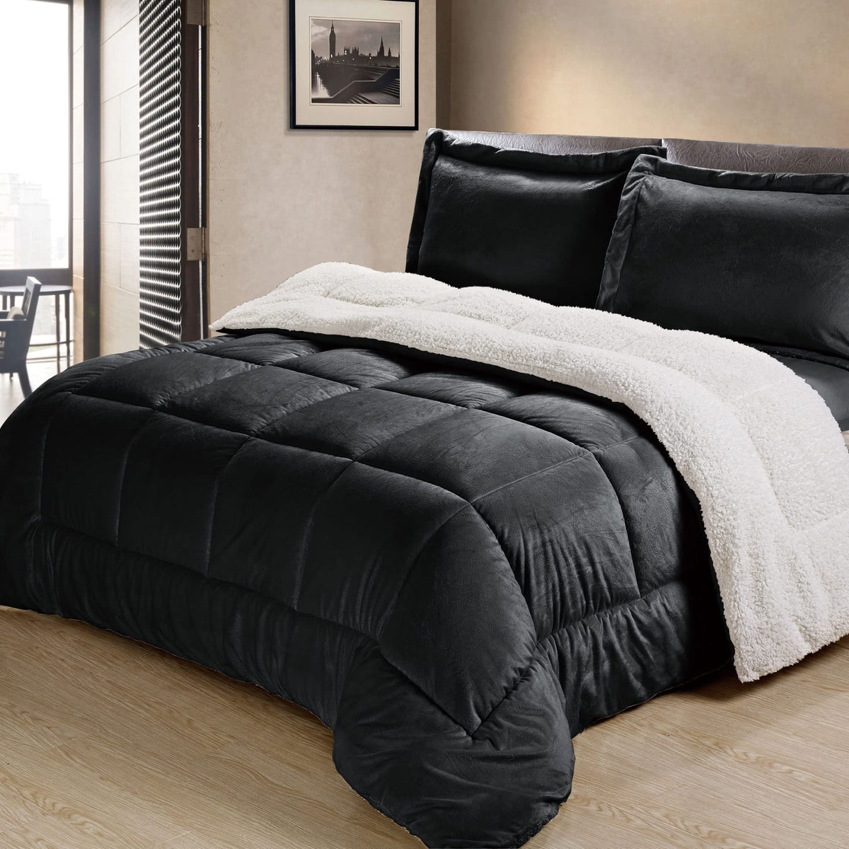 Cathay Home Twin Comforter Set: Ultra Soft And Plush Reversible Micromink And Sherpa 2-Piece Bedding Set, Black, Twin (66' X 86