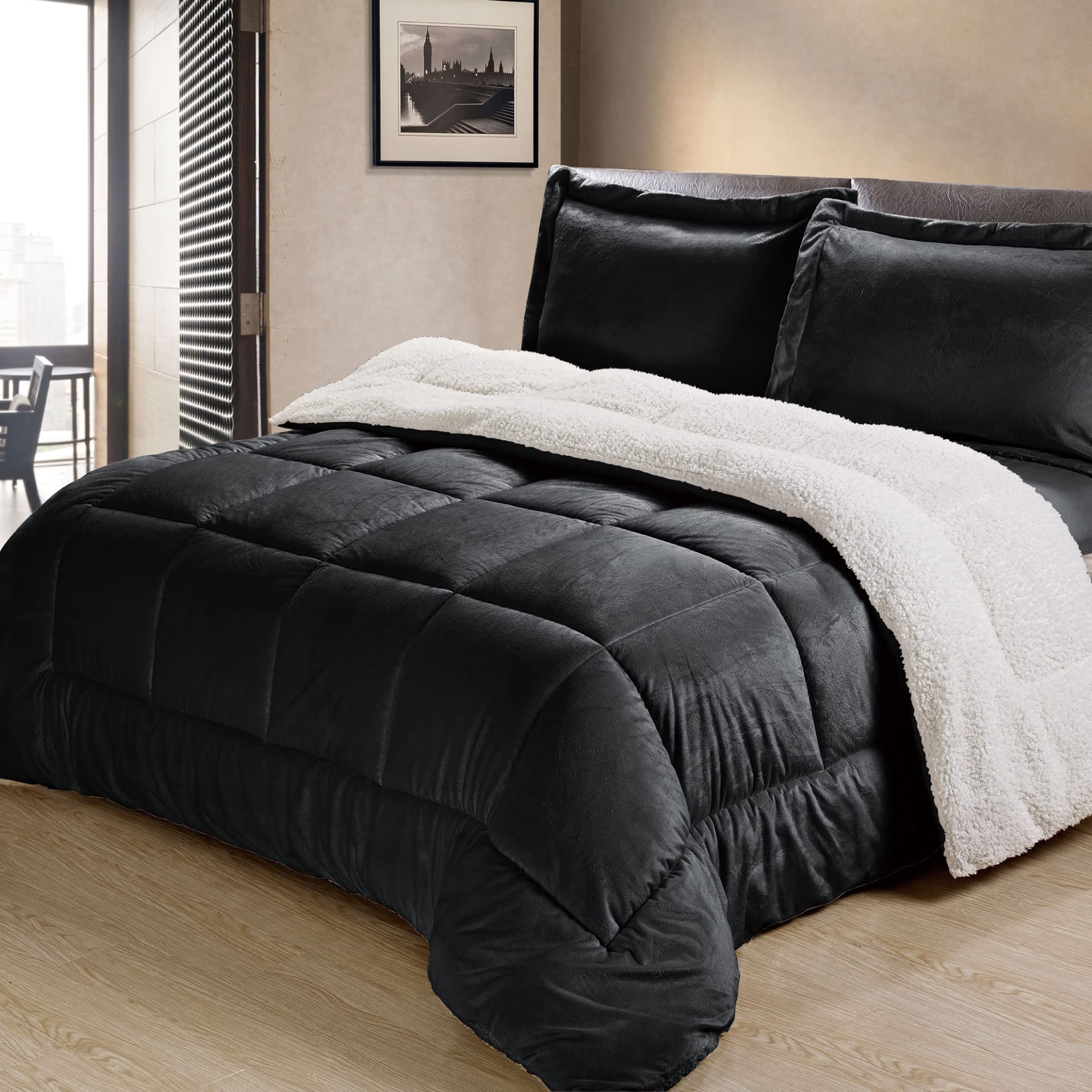 Cathay Home Twin Comforter Set: Ultra Soft And Plush Reversible Micromink And Sherpa 2-Piece Bedding Set, Black, Twin (66' X 86