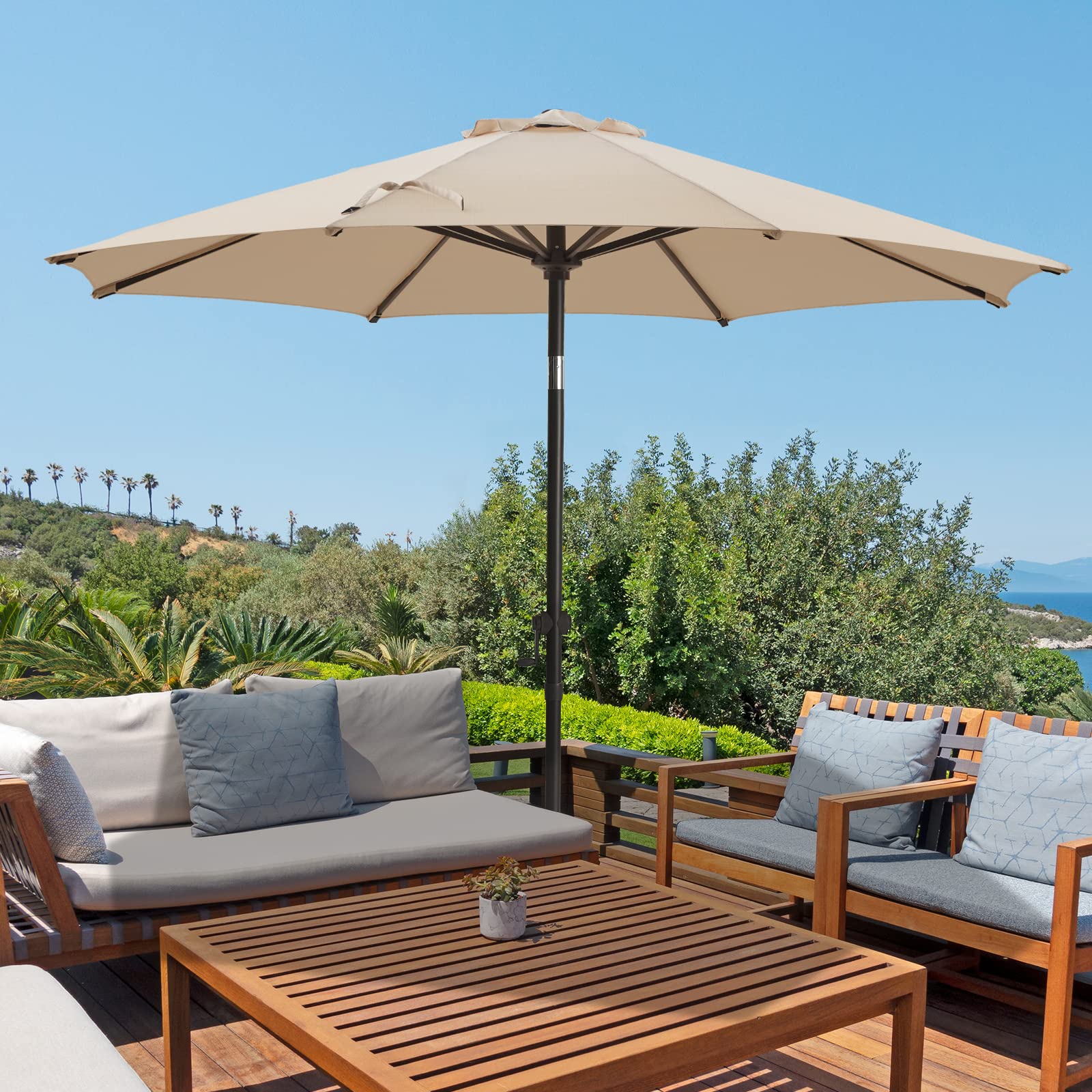 Wikiwiki 9 Ft Patio Umbrellas Outdoor Table Market Umbrella With Push Button Tilt/Crank,8 Sturdy Ribs, Fade Resistant Waterproof