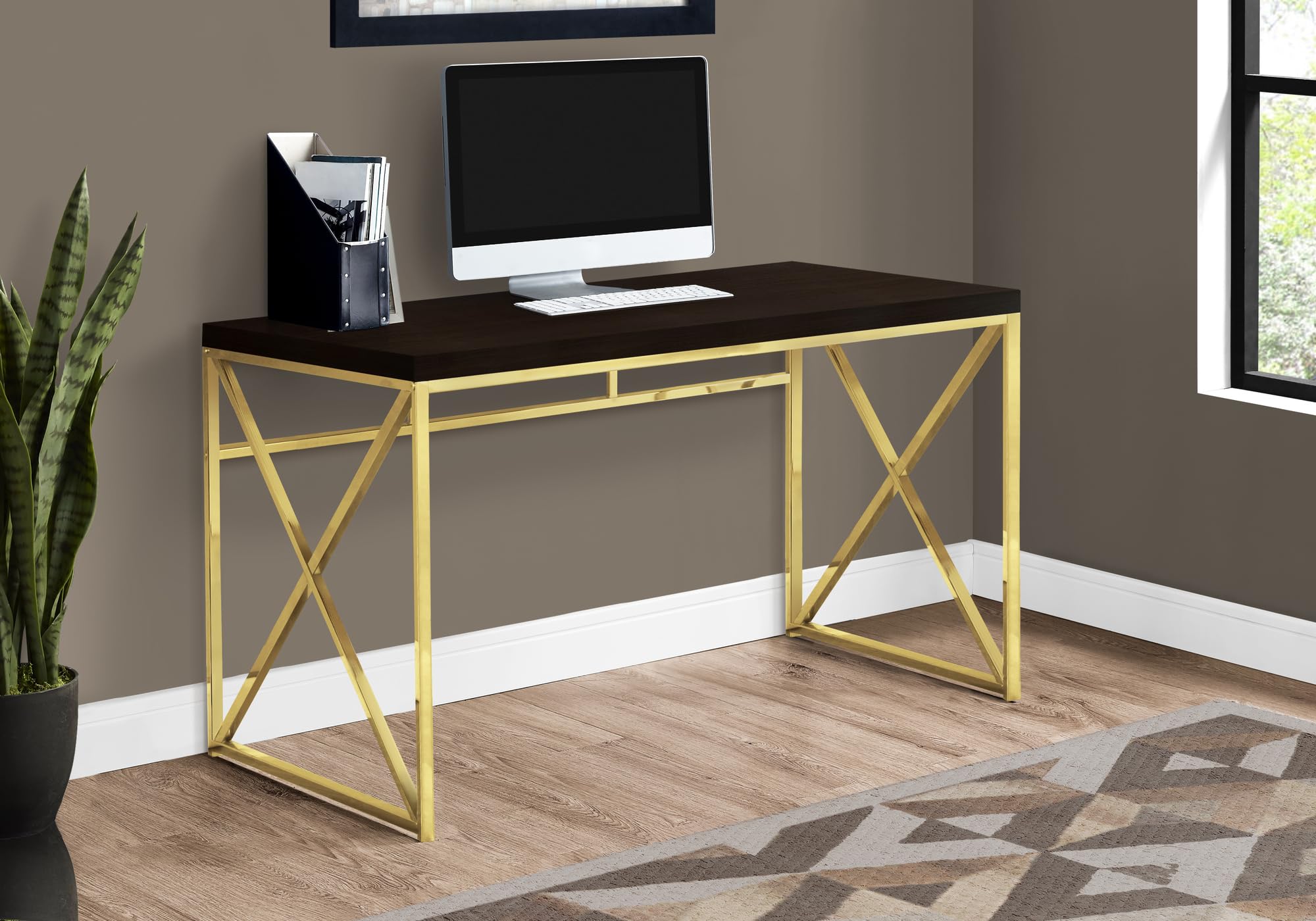 Monarch Specialties I 7201 Computer Desk, Home Office, Laptop, Work, Metal, Laminate, Brown, Gold, Contemporary, Modern
