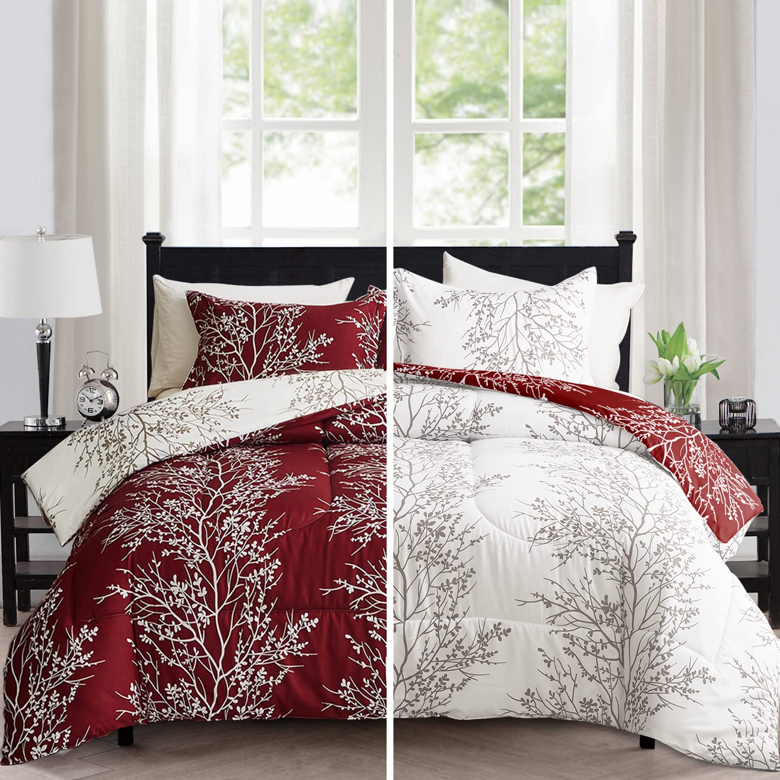 Flysheep King Comforter Set Tree Pattern, Branch Floral White/Red Reversible 3 Piece Modern Bedding Set For Men And Women