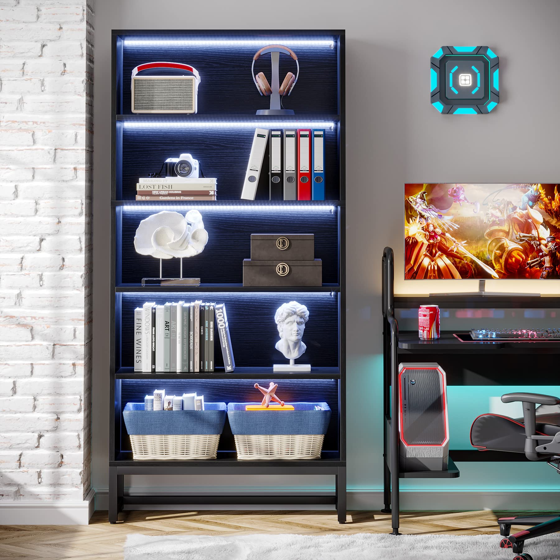 Tribesigns Tall Bookcase Black Bookshelf, 70.8” Large Bookcases Organizer With Led Lights, Heavy Duty Free-Standing Library Bookshelf With 5-Tier Storage Shelves For Living Room, Bedroom (Black)
