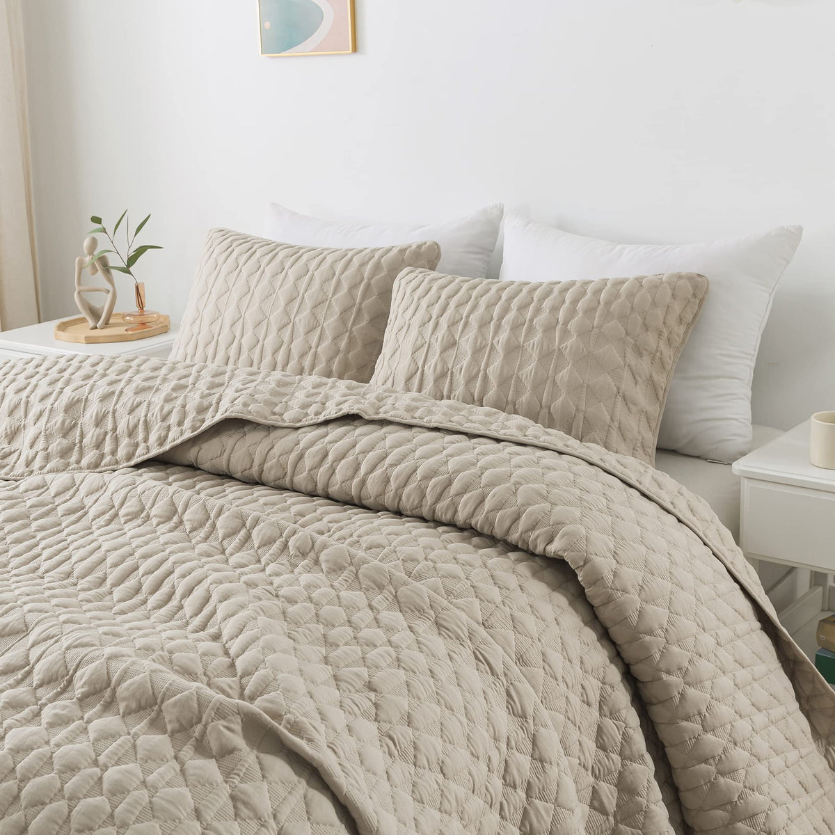 Wdcozy Beige Quit Twin Size Bedding Sets With Pillow Sham, Lightweight Bedspread Coverlet, Quilted Blanket Thin Comforter Bed Co