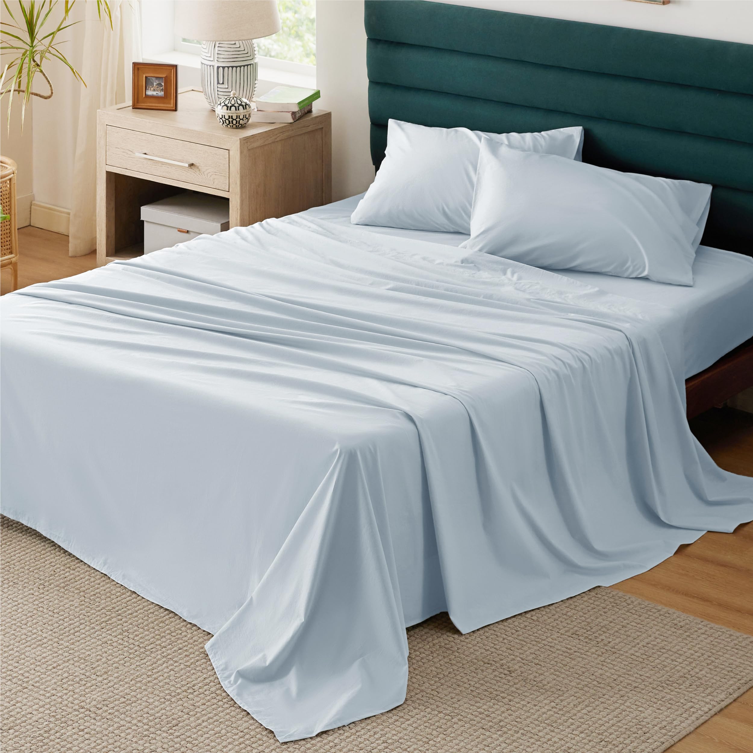 Bedsure Cotton Percale Queen Sheet Set - 100% Cotton Bed Set For Queen Size Bed, Breathable & Crirsp Soft Sheets, Deep Pocket Up To 16 Inches, Bedding Bedsheets & Pillowcases, Sky Blue