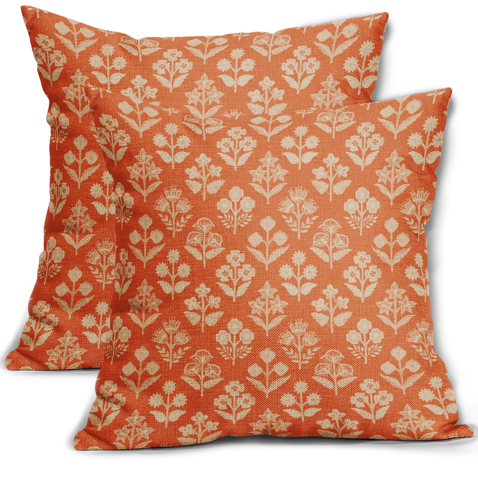 Sivirary Orange Floral Block Print Pillow Covers 18x18 Inch Set of 2, Vintage Flower Pattern Decorative Throw Pillowcases Outdoo