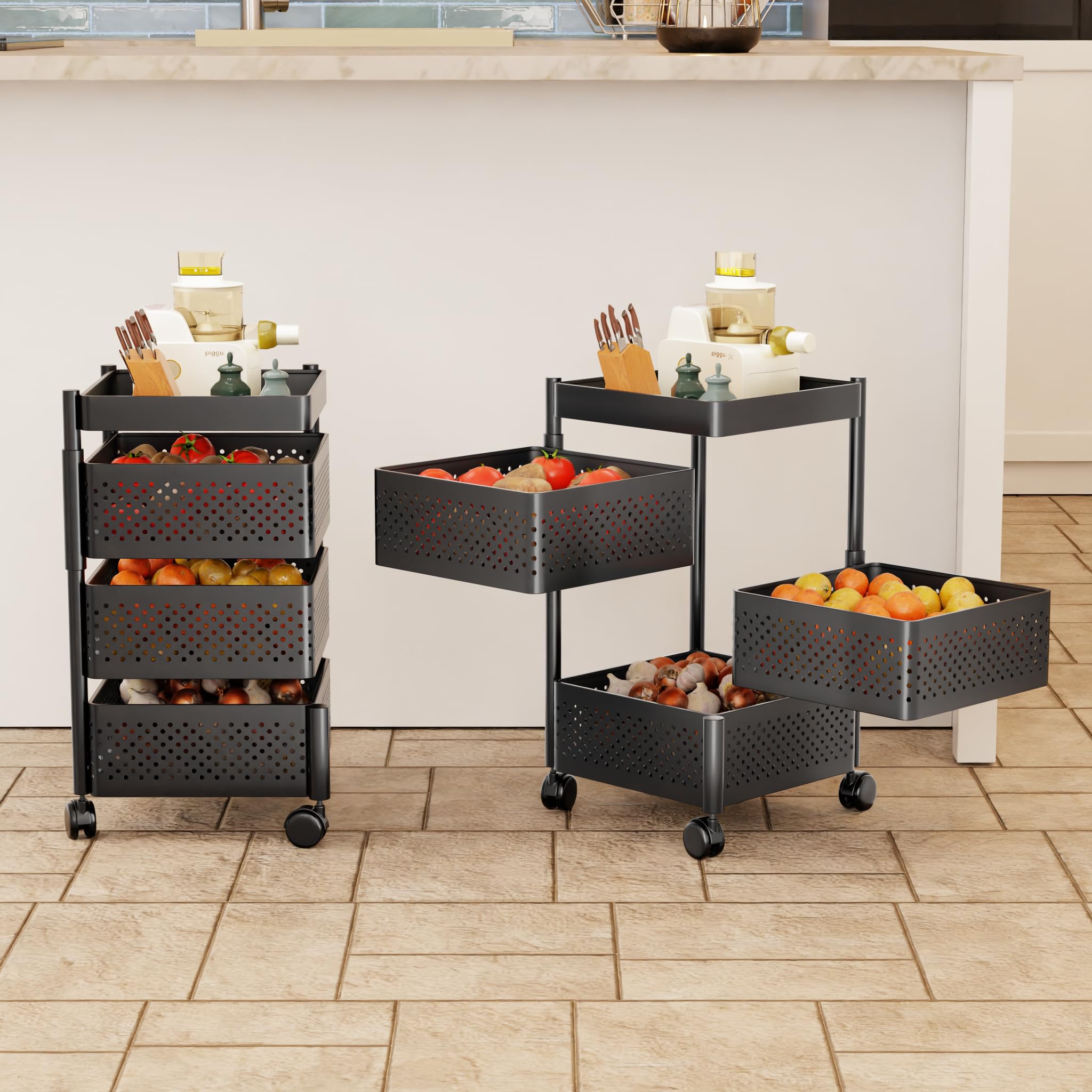Nexanest 3Layer Kitchen Trolley Organizer With Wheels, Revolving Vegetable Rack, Multipurpose Rolling Kitchen Storage Cart, Rot