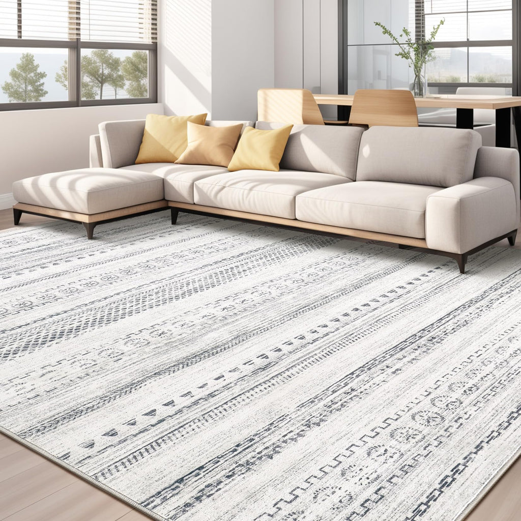 Area Rug Living Room Rugs - 8x10 Washable Boho Farmhouse Bohemian Neutral Large Rug Moroccan Geometric Soft No Slip Indoor Thin 