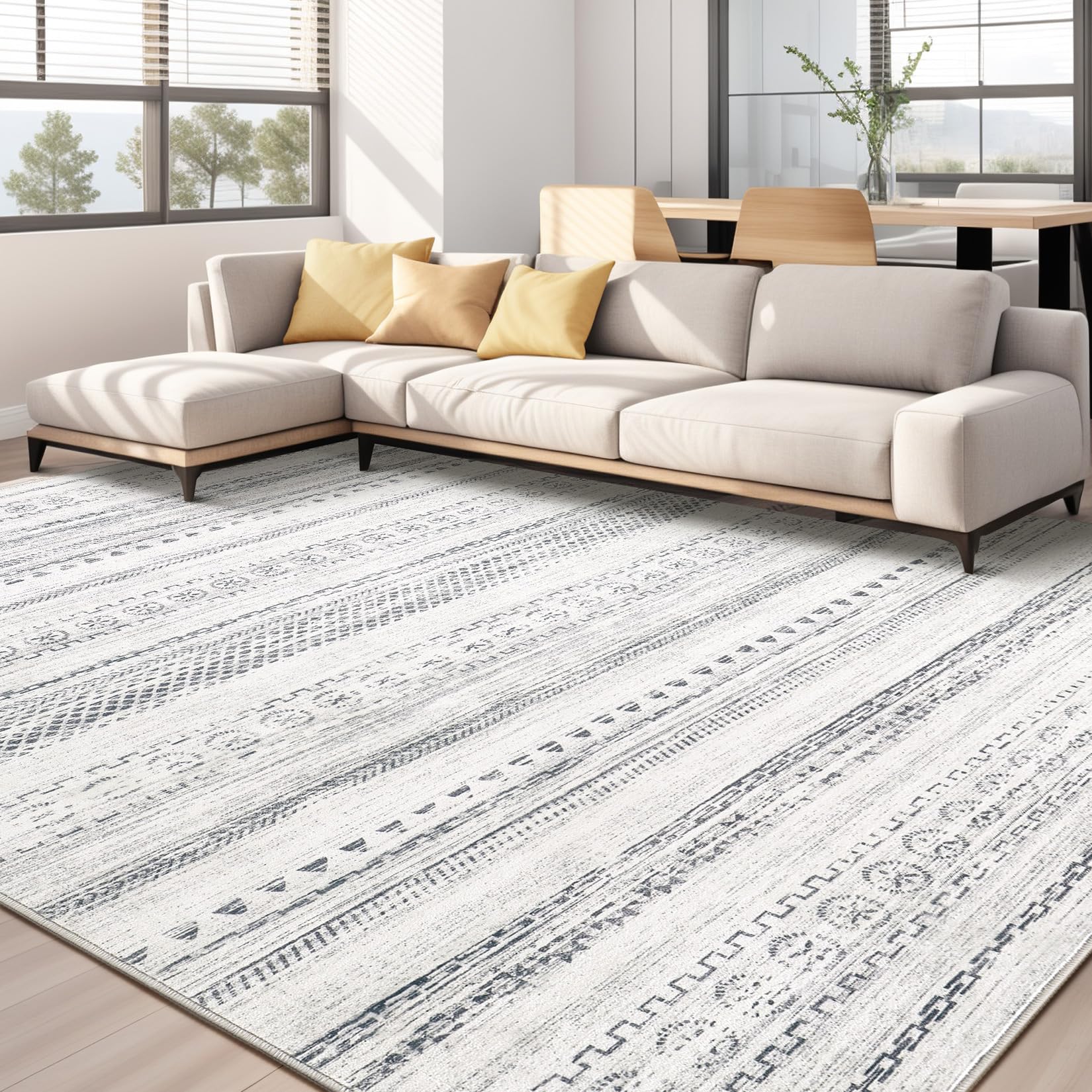 Area Rug Living Room Rugs - 8x10 Washable Boho Farmhouse Bohemian Neutral Large Rug Moroccan Geometric Soft No Slip Indoor Thin 
