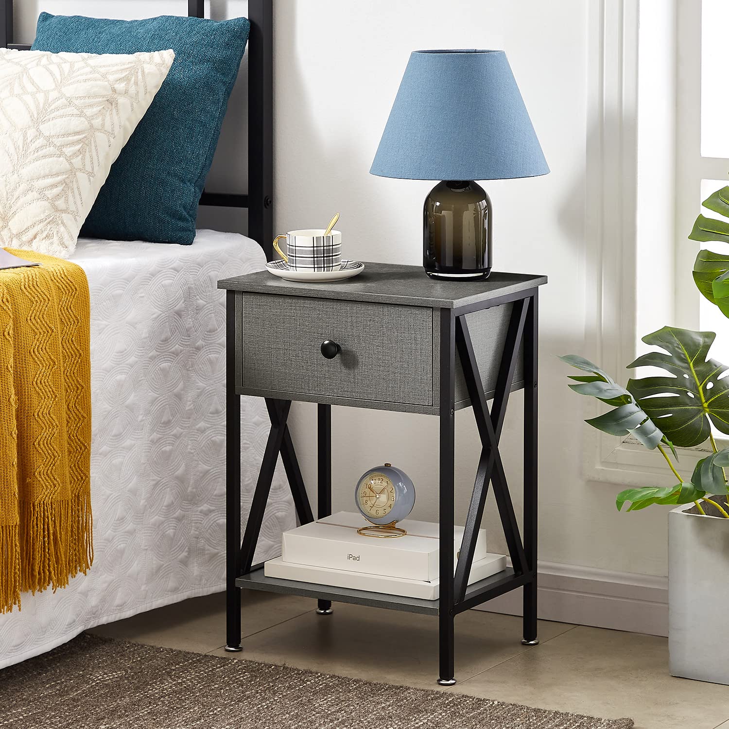 Vecelo Nightstand,Side End Table With Drawer,Storage Shelf For Living Room Bedroom,Modern Style,Set Of 2, Hemp Gray