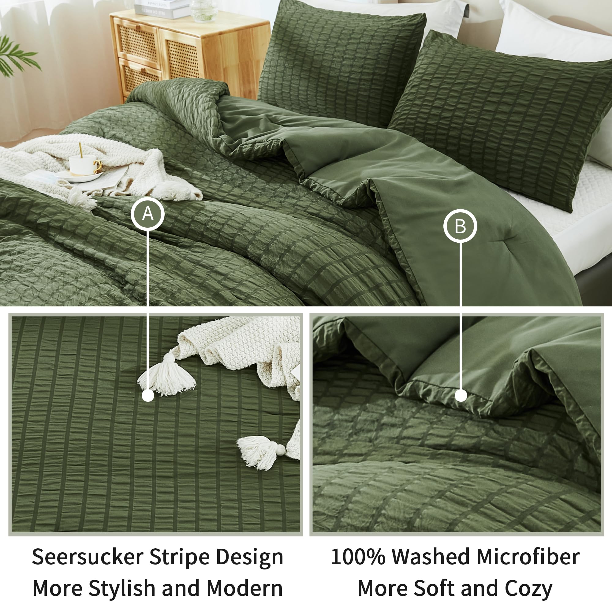 Avelom Dark Olive Green Seersucker Full Comforter Set (80X90 Inches), 3 Pieces-100% Soft Washed Microfiber Lightweight Comforter With 2 Pillowcases, All Season Down Alternative Bedding Set