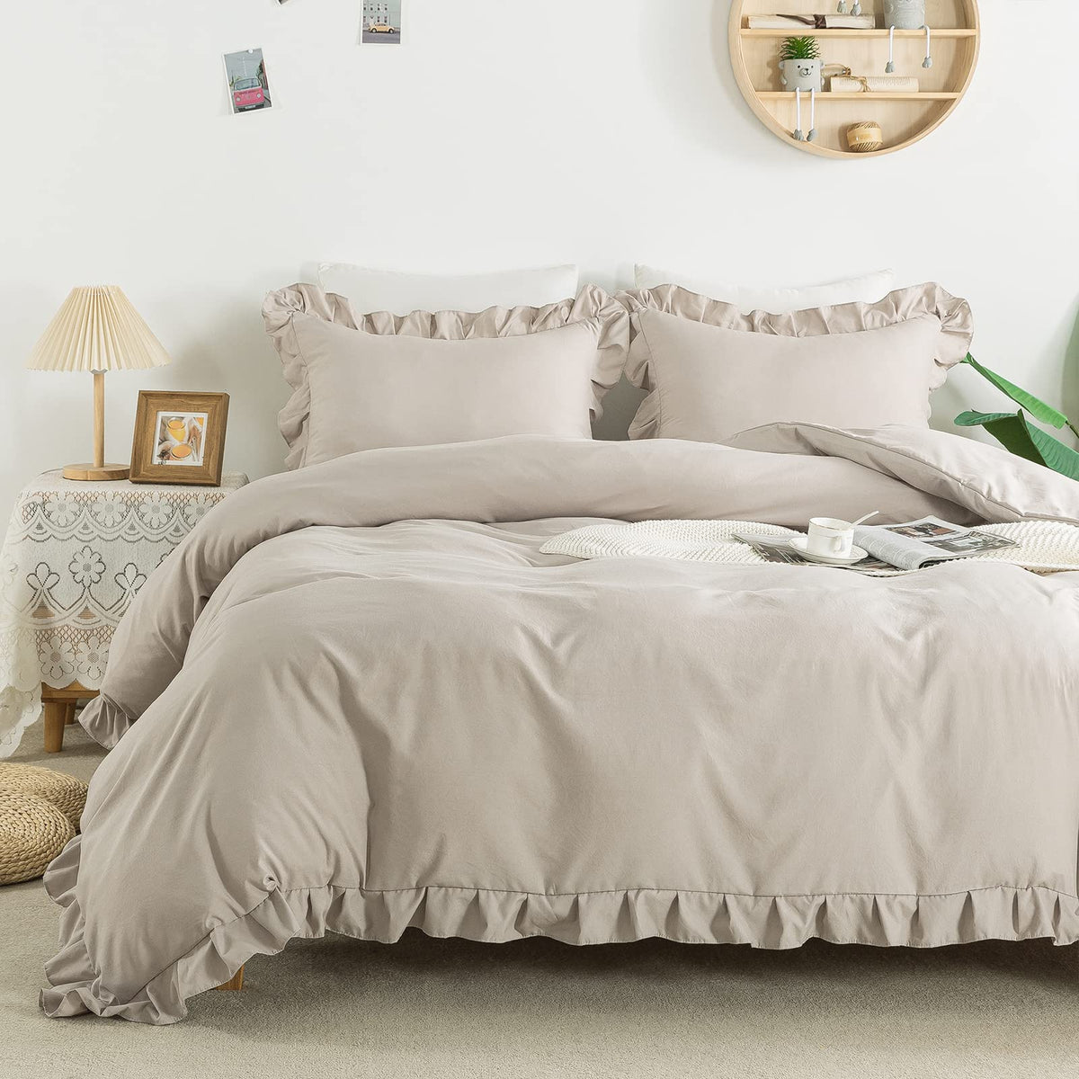 Andency Khaki Duvet Cover Full(79X90Inch), 3 Pieces(1 Ruffled Duvet Cover And 2 Pillowcases) Farmhouse Shabby Chic Duvet Cover,