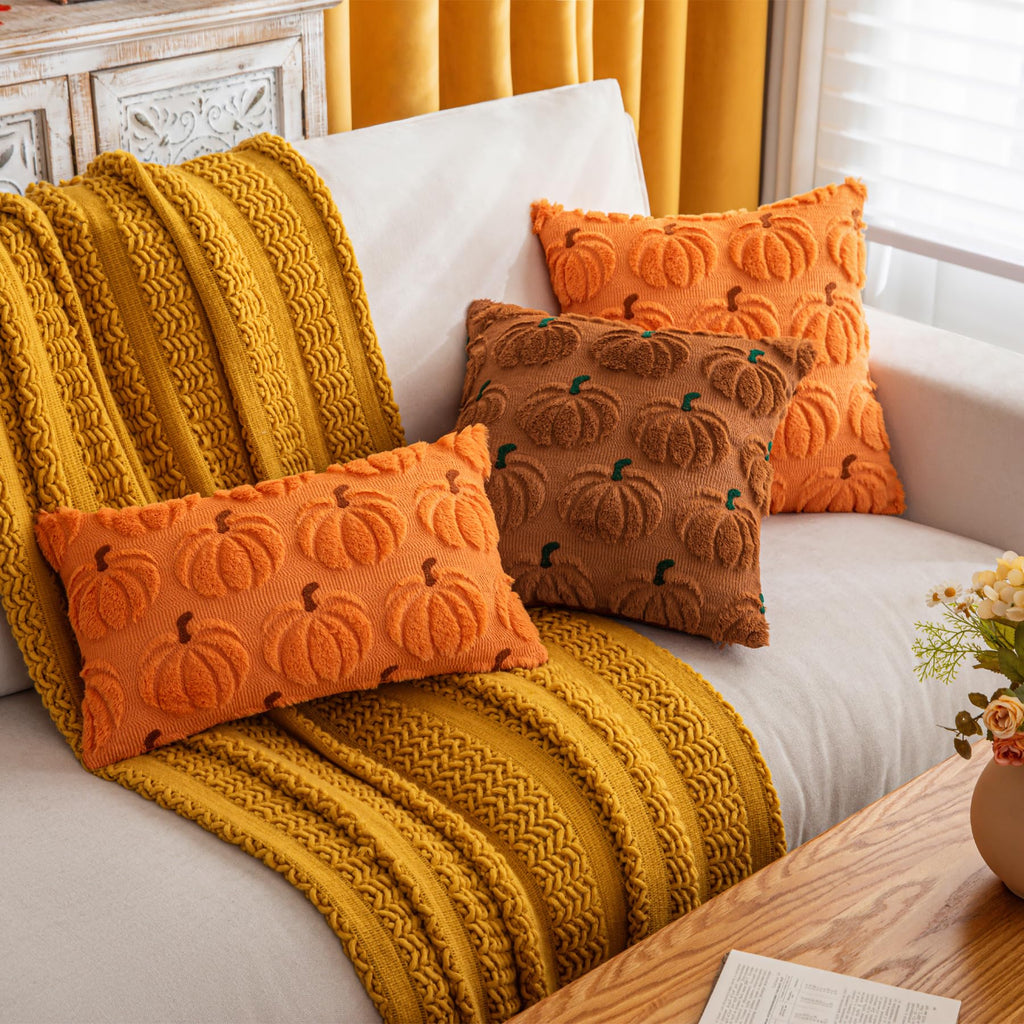 Cosibono Pumpkin Fall Decorative Throw Pillow Covers 12'X20', Set Of 2 Orange Brown Soft Faux Fur Pillow Covers For Autumn Har