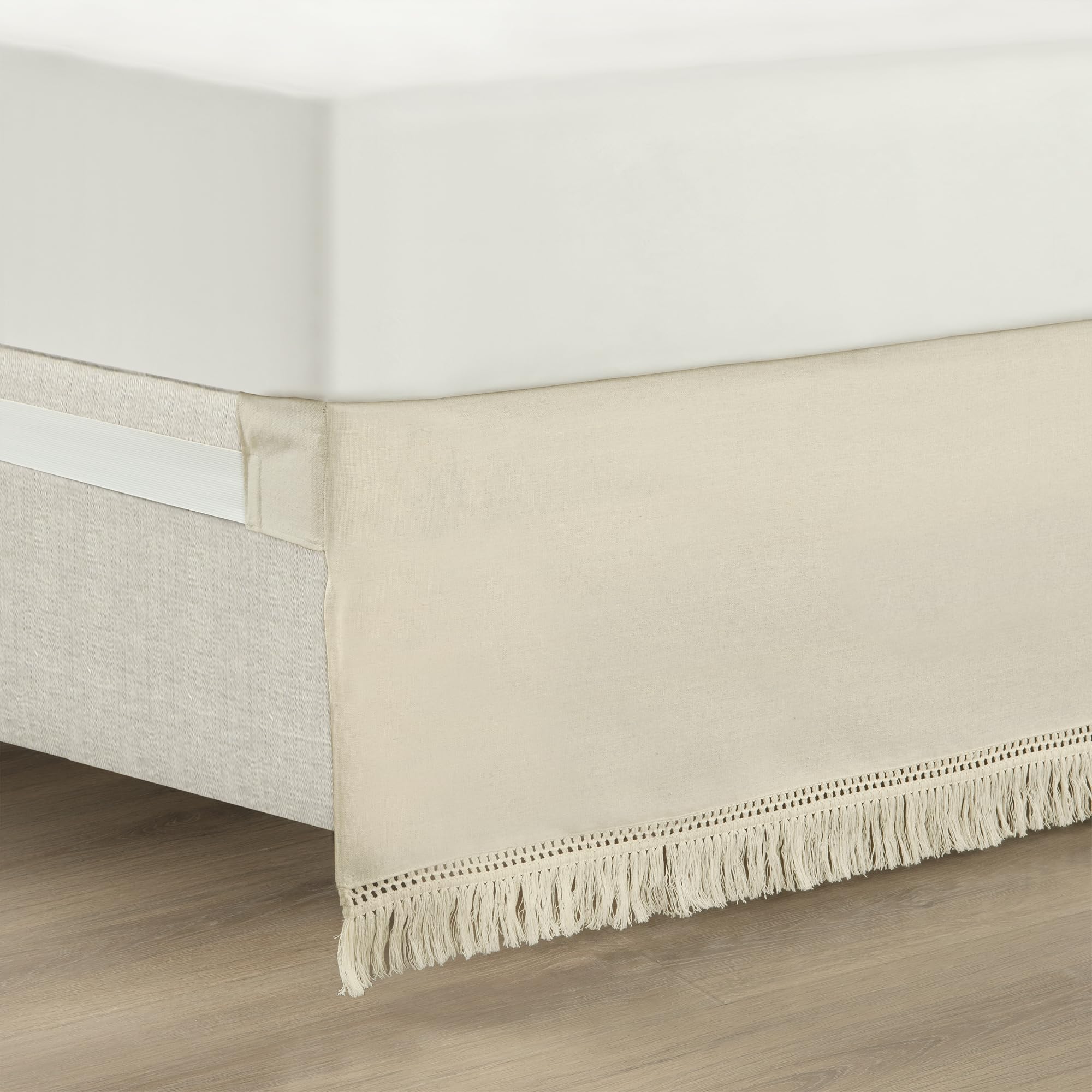 Lush Decor Boho Fringe 15-Inch Tailored Drop Easy Fit Bedskirt, Queen, Neutral