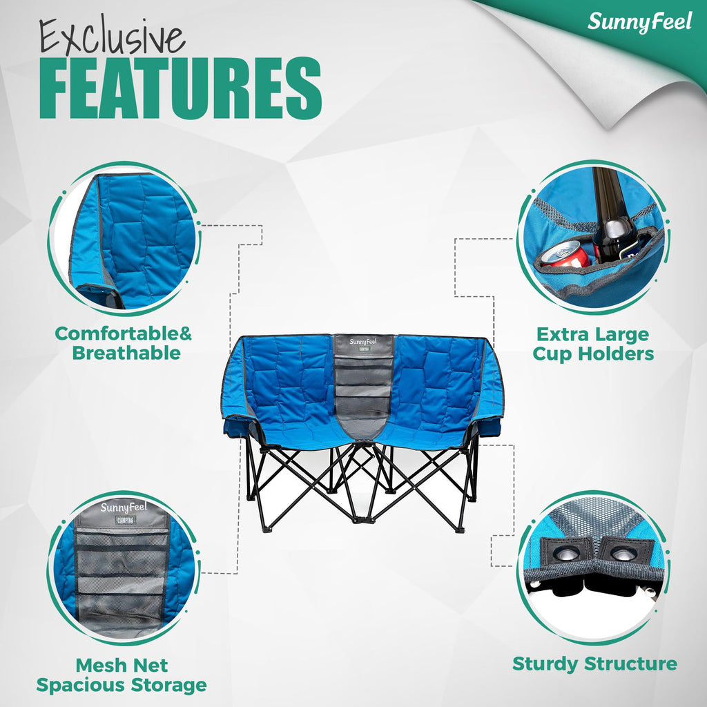 SUNNYFEEL Folding Double Camping Chair, Oversized Loveseat, Heavy Duty Alloy Steel, Blue, 2 Person