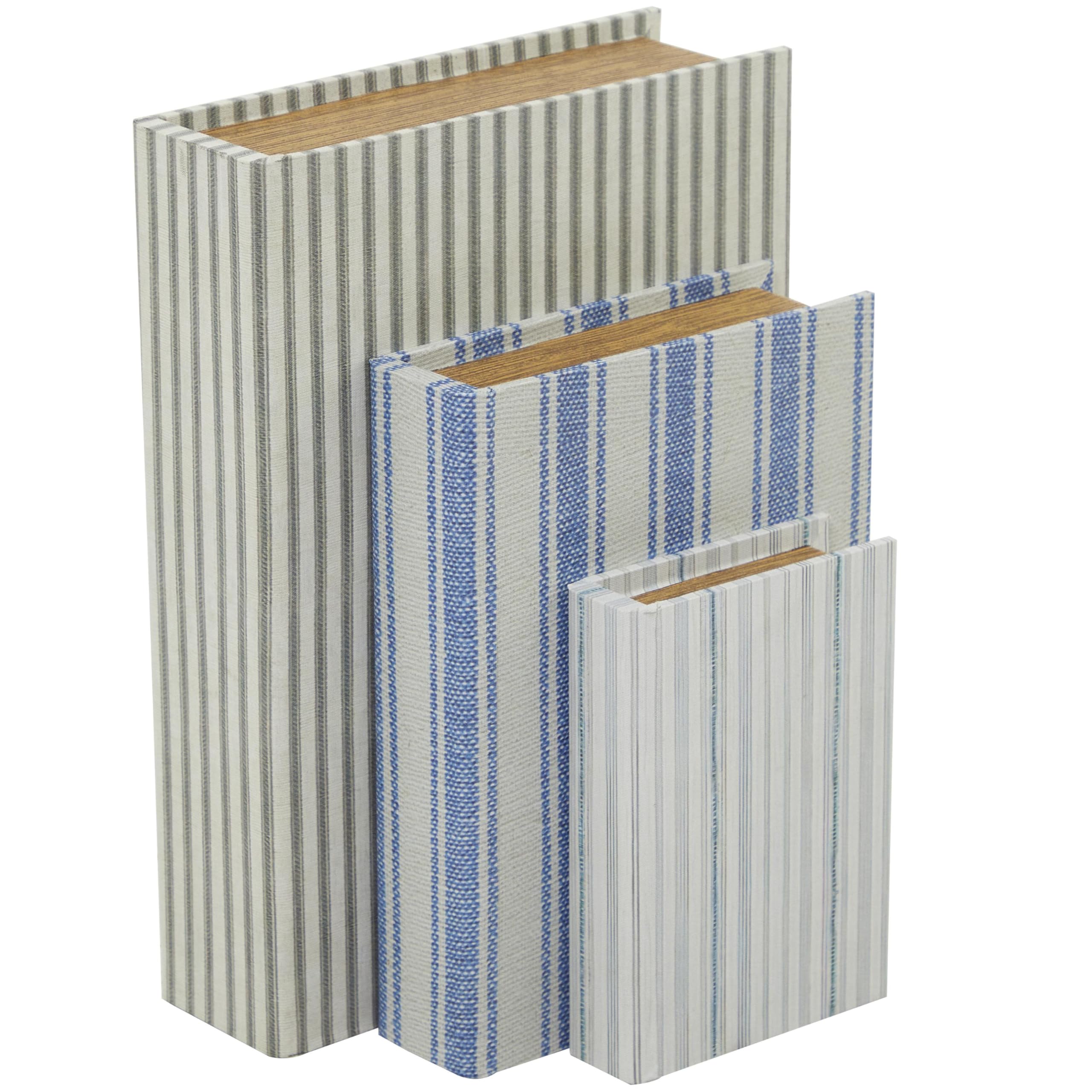 Deco 79 Canvas Decorative Box Faux Storage Book Book Shaped Boxes with Blue Striped Patterns, Set of 3 Decorative Keepsake Boxes